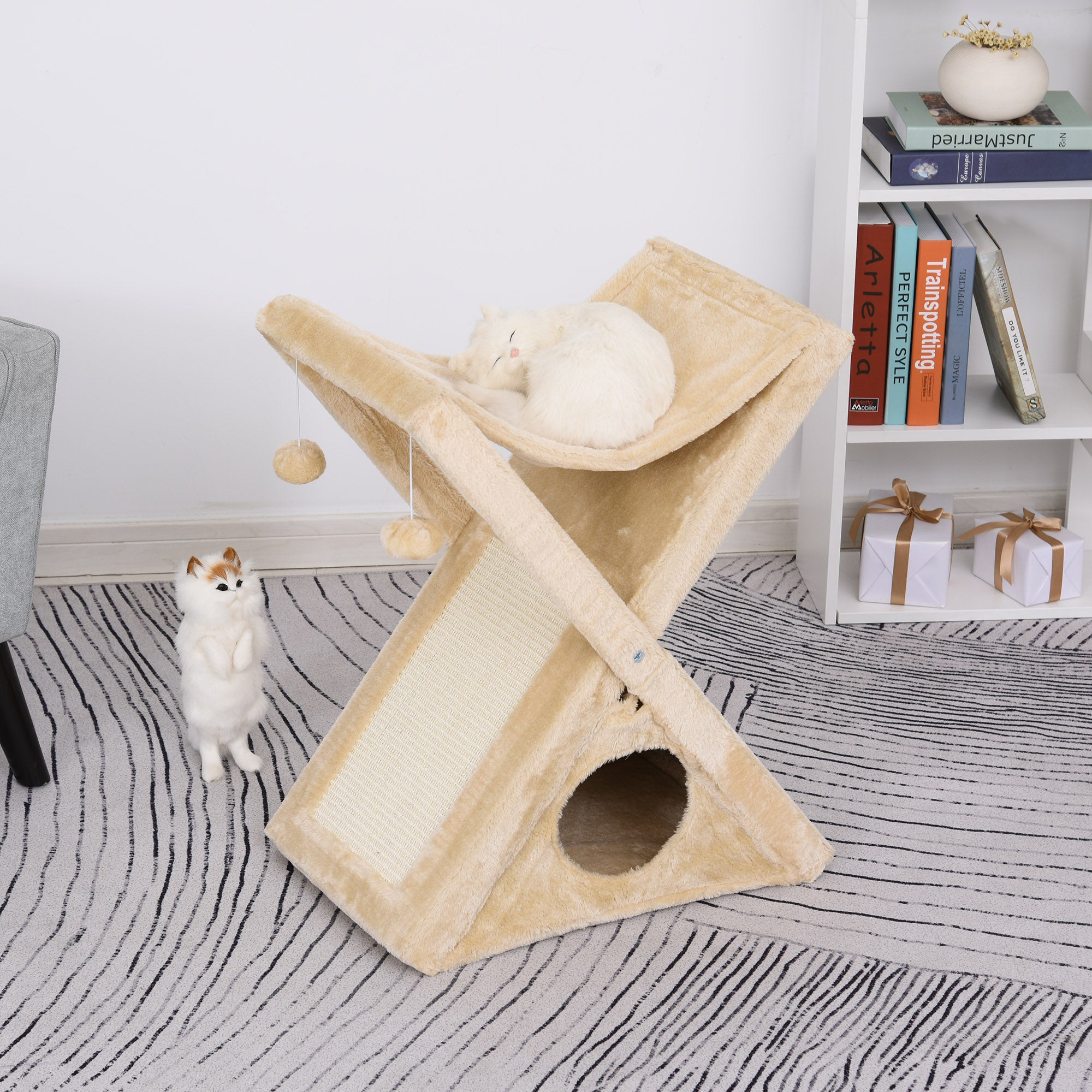 PawHut Two Tier Cat Tree for Indoor Cats Play Rest Activity Tower Plush Folding Relax Center w/ Scratching Post Hammock Pom Poms Yellow