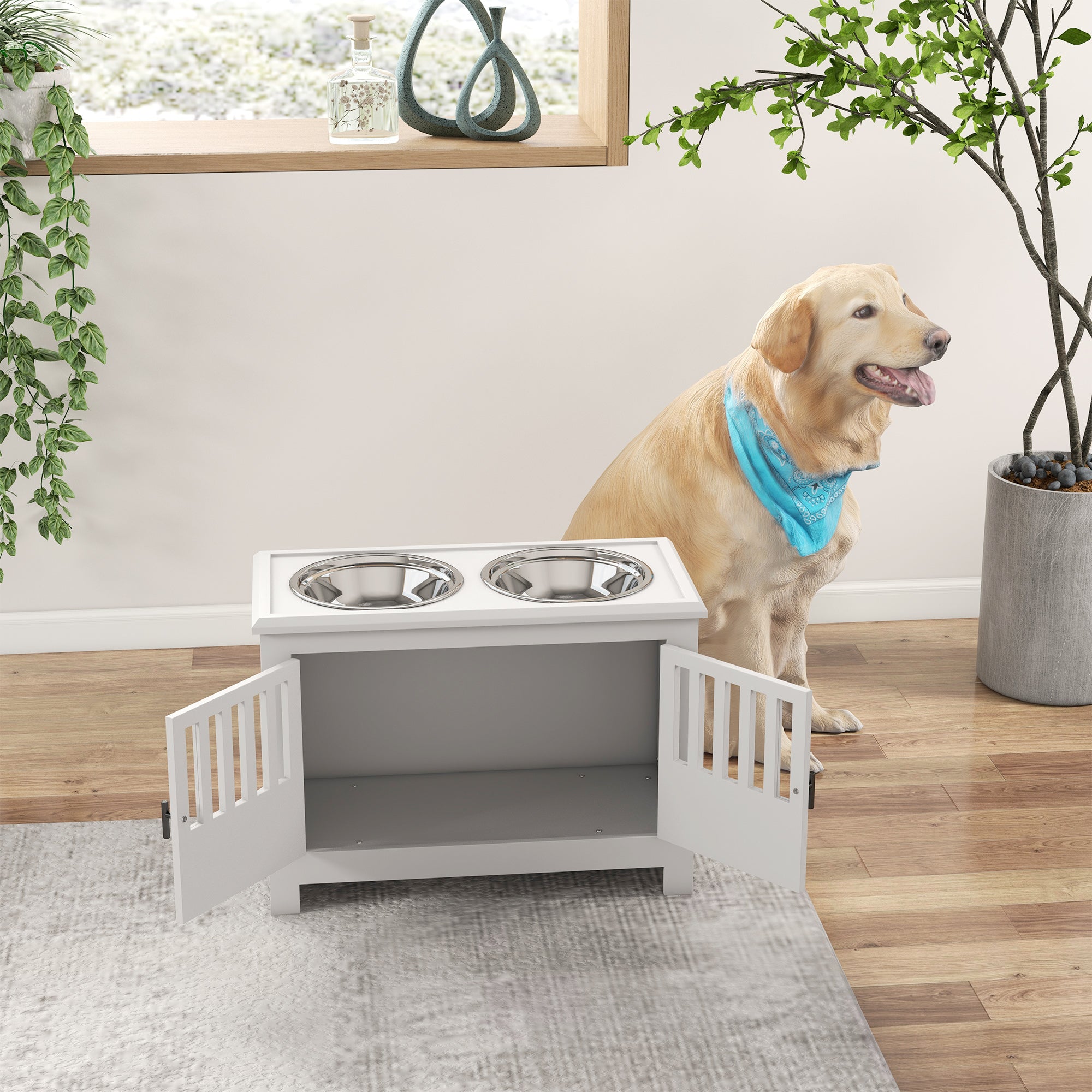 PawHut Raised Dog Bowls for Large Dogs, Pet Feeding Station, Doors with Latch, Storage Cabinet, Two Stainless Steel Bowls - White