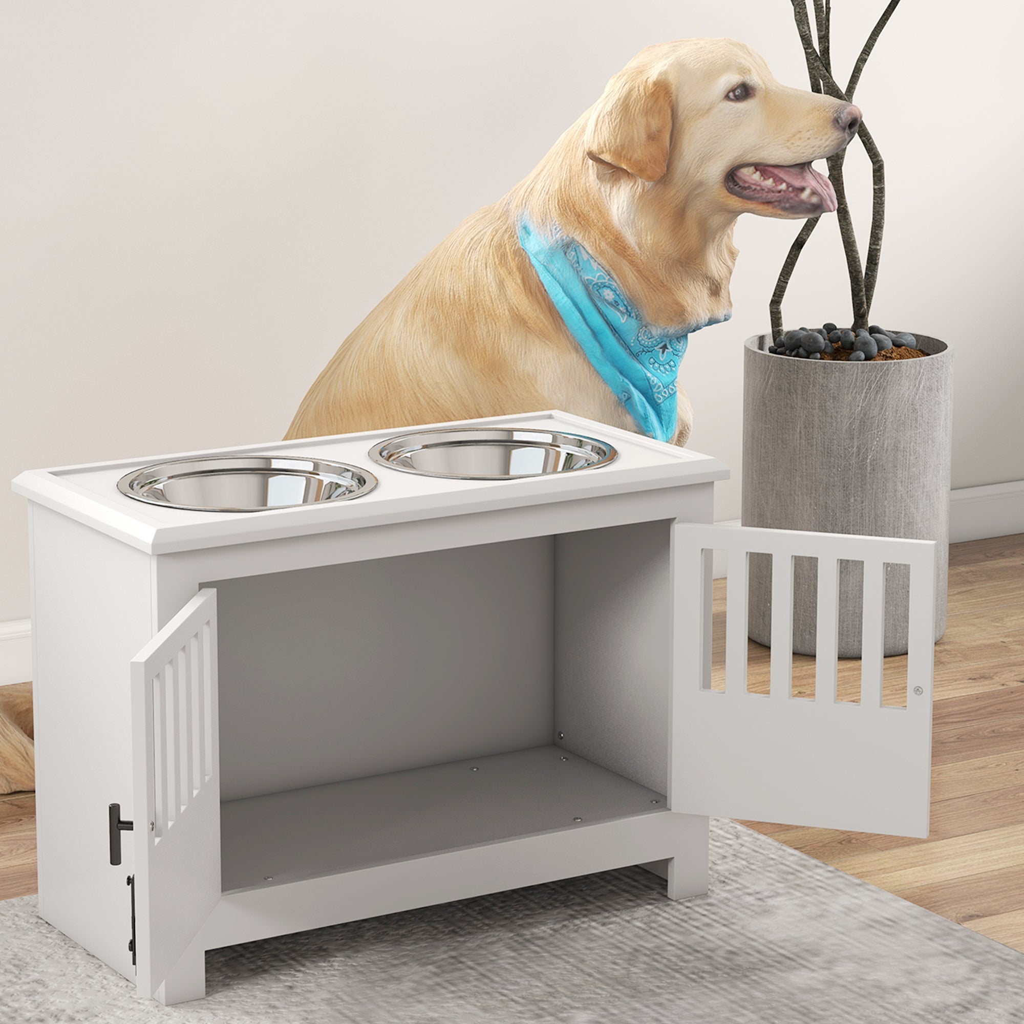 PawHut Raised Dog Bowls for Large Dogs, Pet Feeding Station, Doors with Latch, Storage Cabinet, Two Stainless Steel Bowls - White
