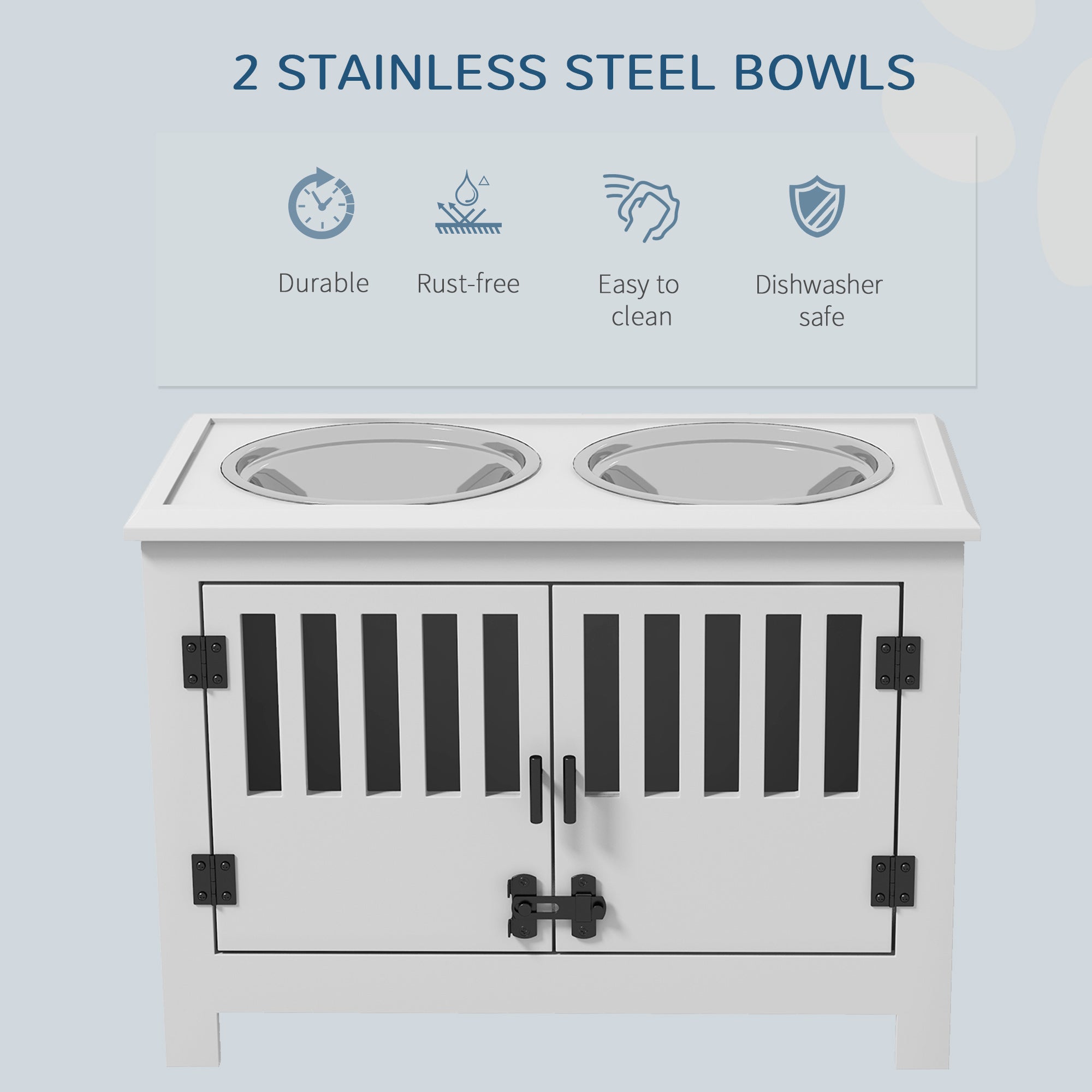 PawHut Raised Dog Bowls, Elevated Dog Feeder with 2 Stainless Bowls, Storage Cabinet, Door, for Extra Large Dogs, White