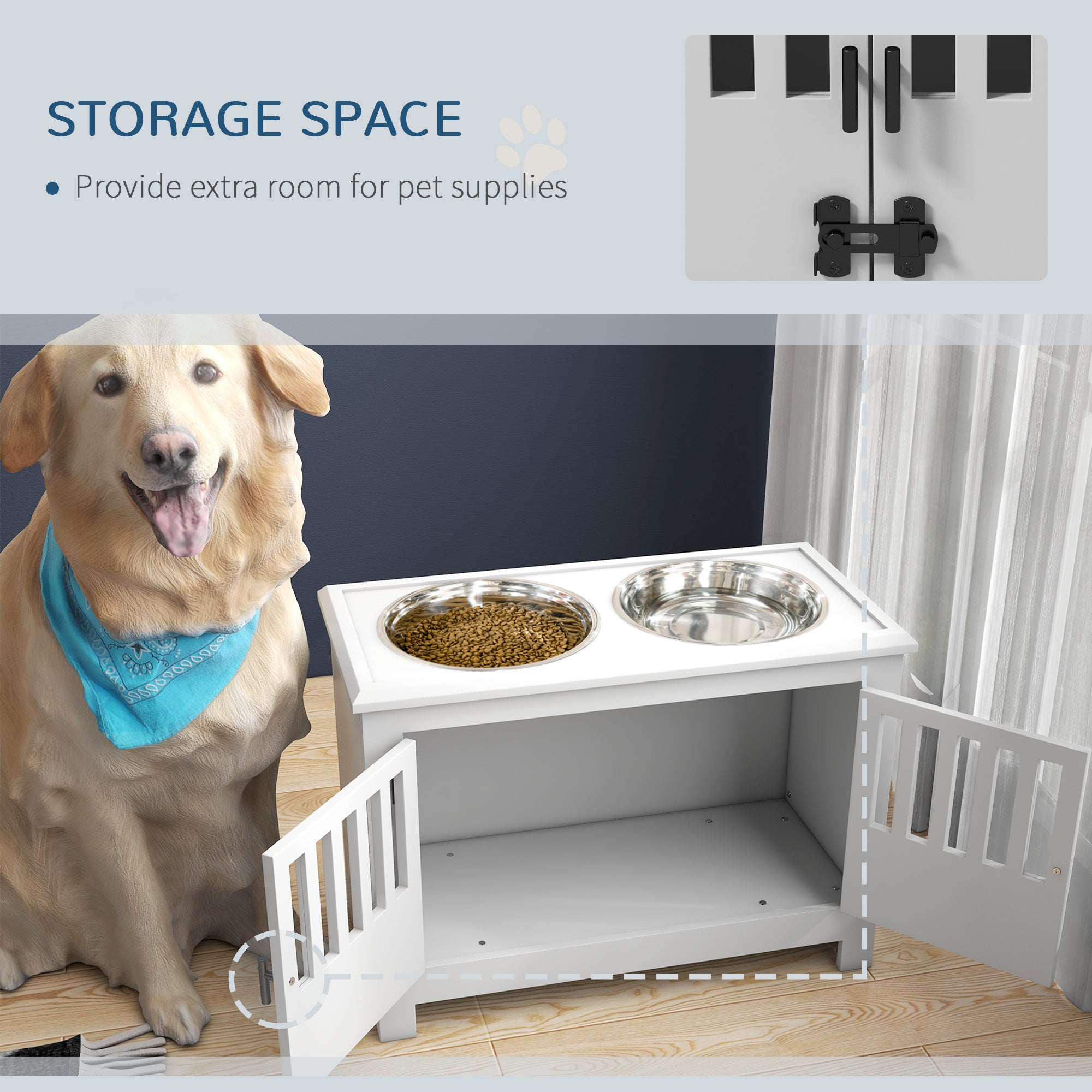 PawHut Raised Dog Bowls, Elevated Dog Feeder with 2 Stainless Bowls, Storage Cabinet, Door, for Extra Large Dogs, White