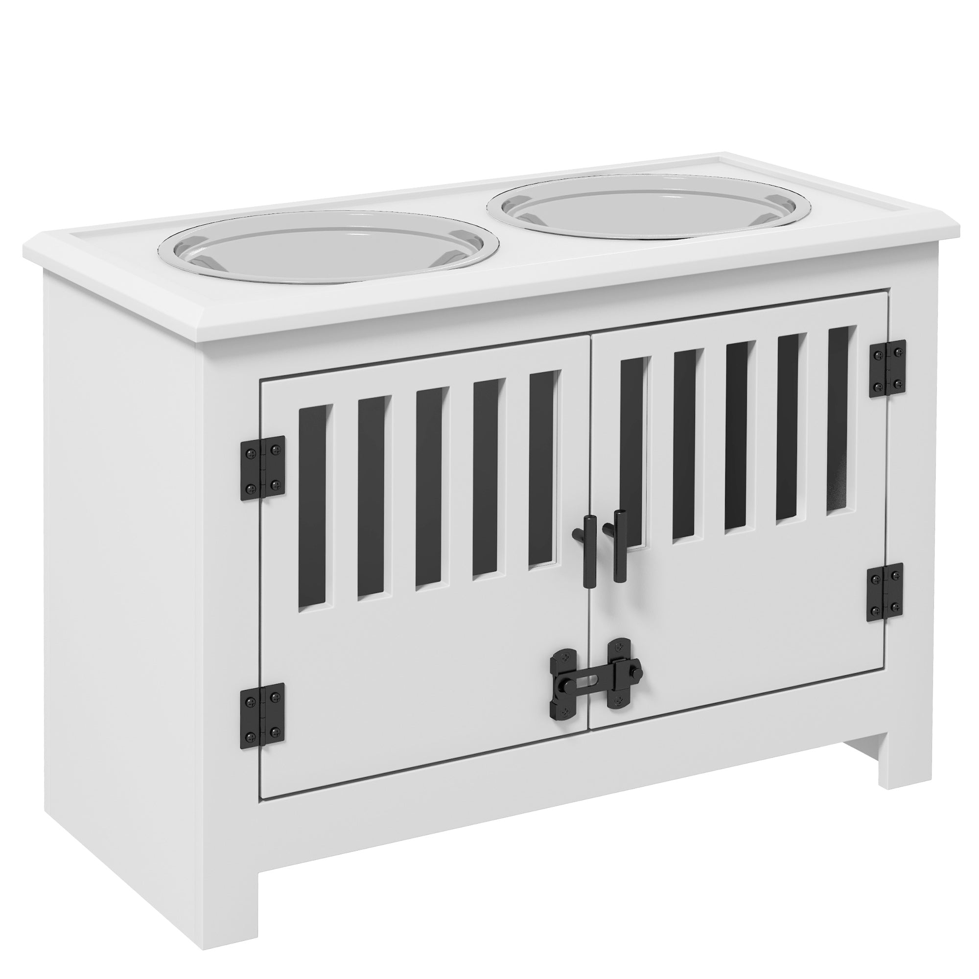 PawHut Raised Dog Bowls for Large Dogs, Pet Feeding Station, Doors with Latch, Storage Cabinet, Two Stainless Steel Bowls - White