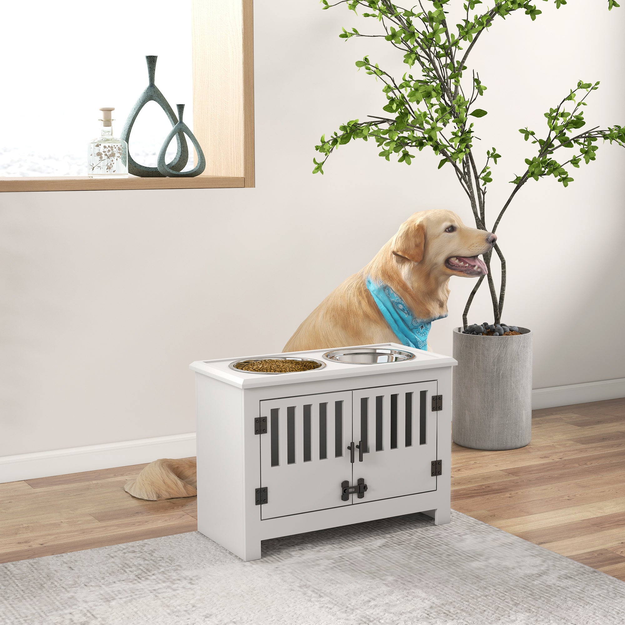 PawHut Raised Dog Bowls for Large Dogs, Pet Feeding Station, Doors with Latch, Storage Cabinet, Two Stainless Steel Bowls - White