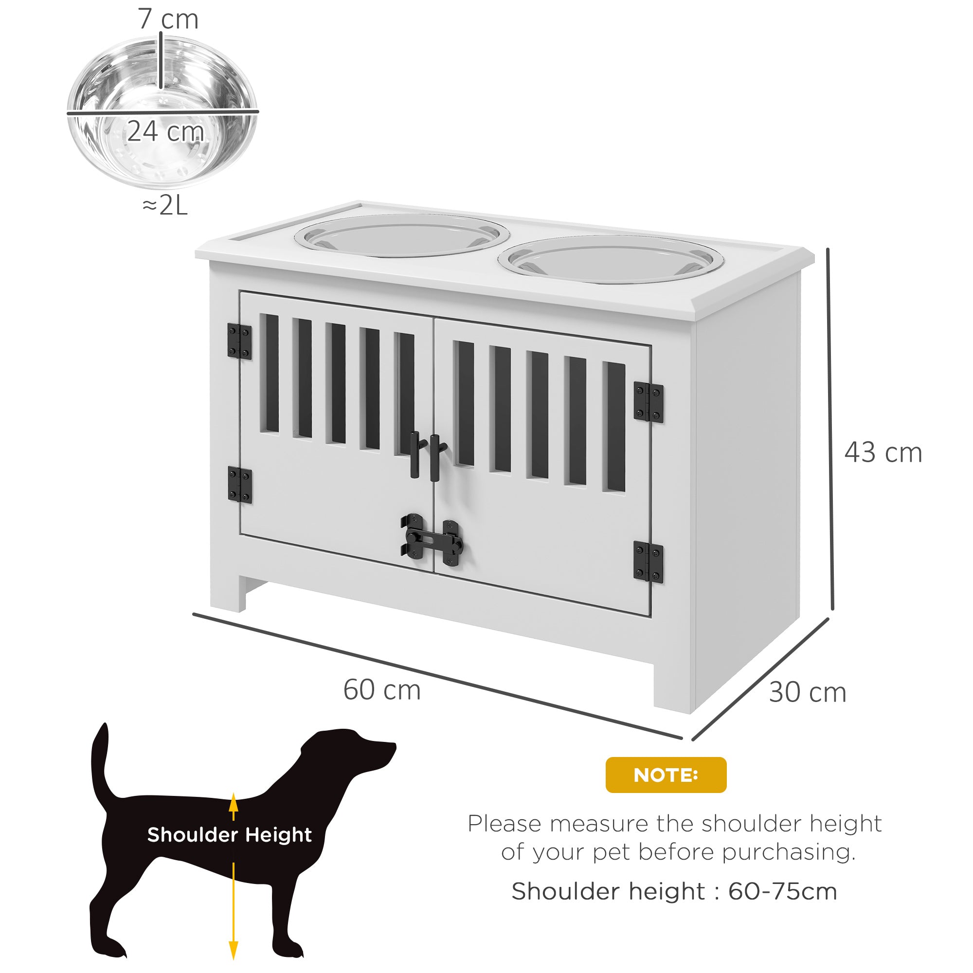 PawHut Raised Dog Bowls for Large Dogs, Pet Feeding Station, Doors with Latch, Storage Cabinet, Two Stainless Steel Bowls - White