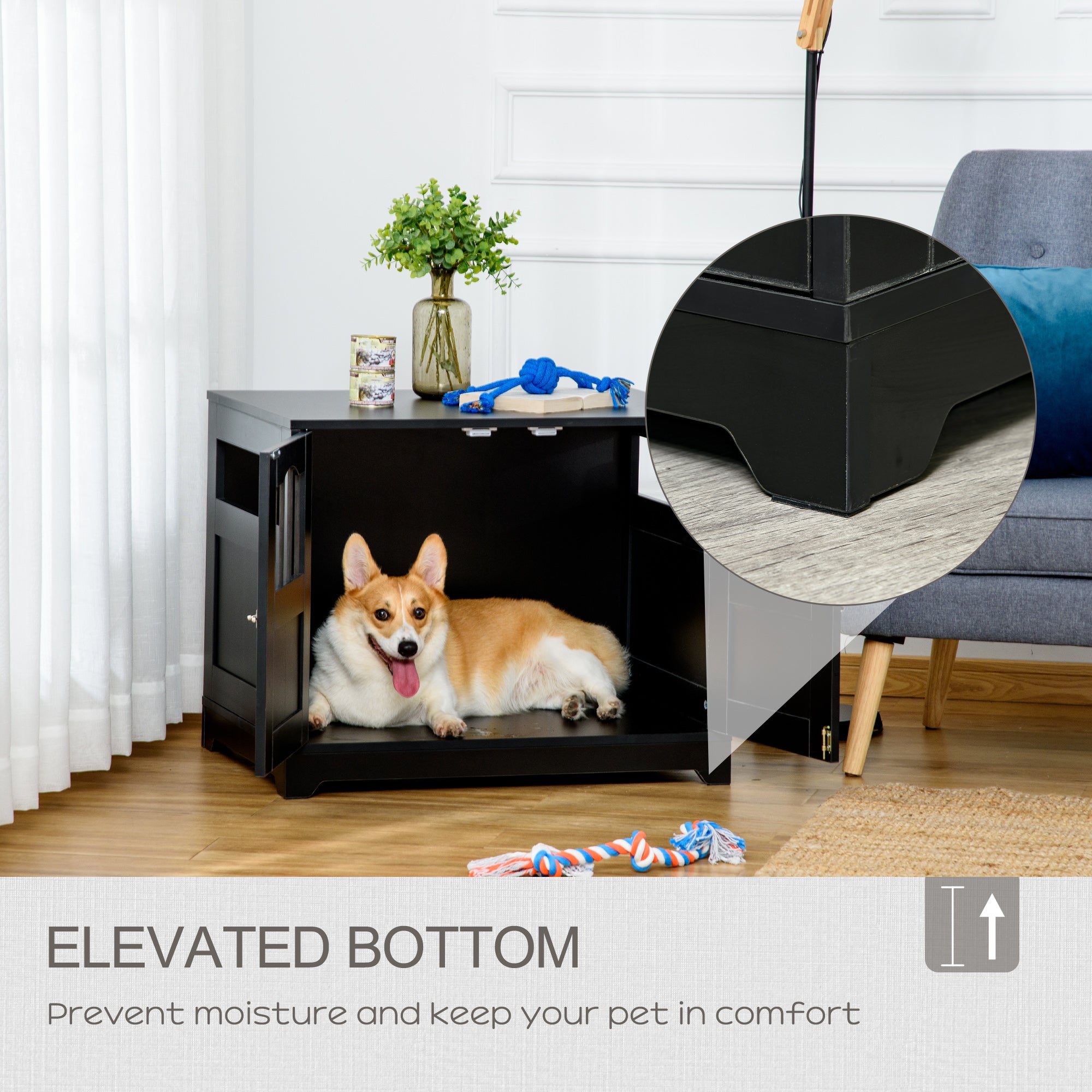 PawHut 29.5" Wooden Dog Cage with Windows, End Table Furniture Style, Modern Pet Kennel with Lockable Doors Elevated Base for Small and Medium-sized Dogs, Black