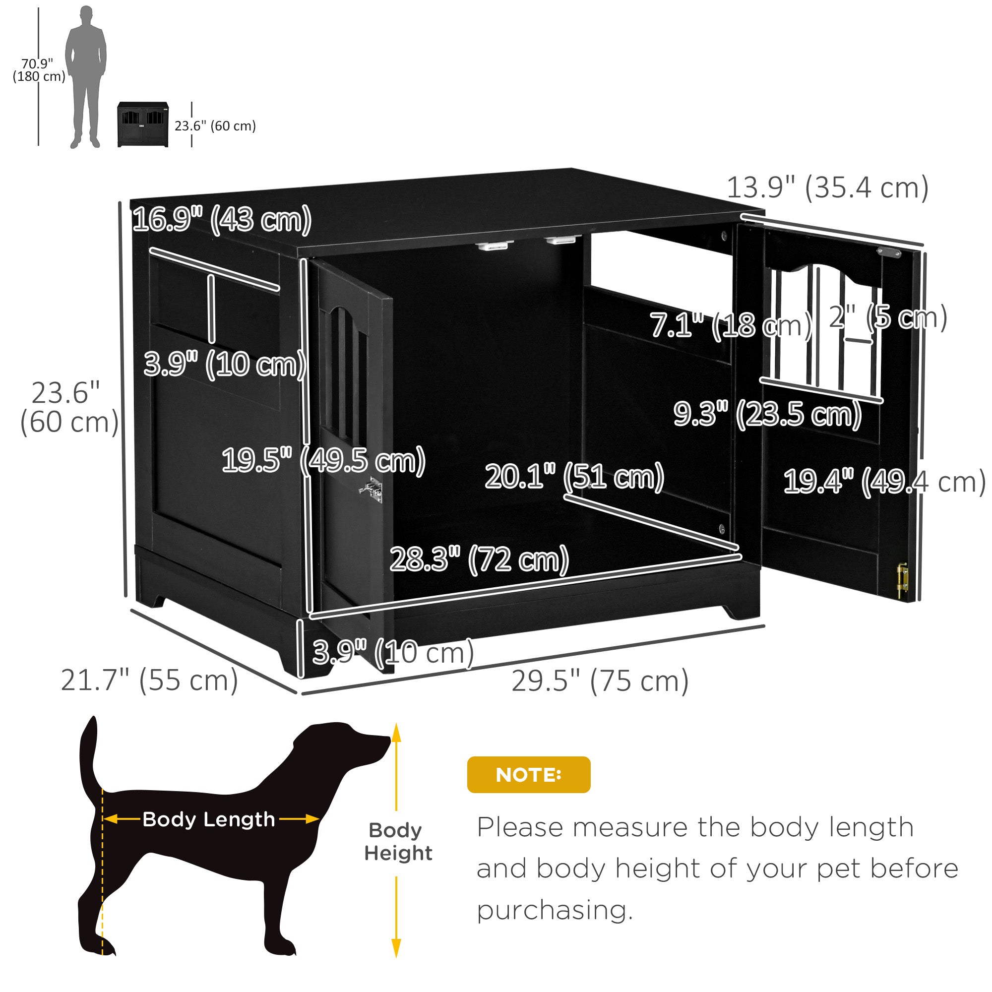 PawHut 29.5" Wooden Dog Cage with Windows, End Table Furniture Style, Modern Pet Kennel with Lockable Doors Elevated Base for Small and Medium-sized Dogs, Black