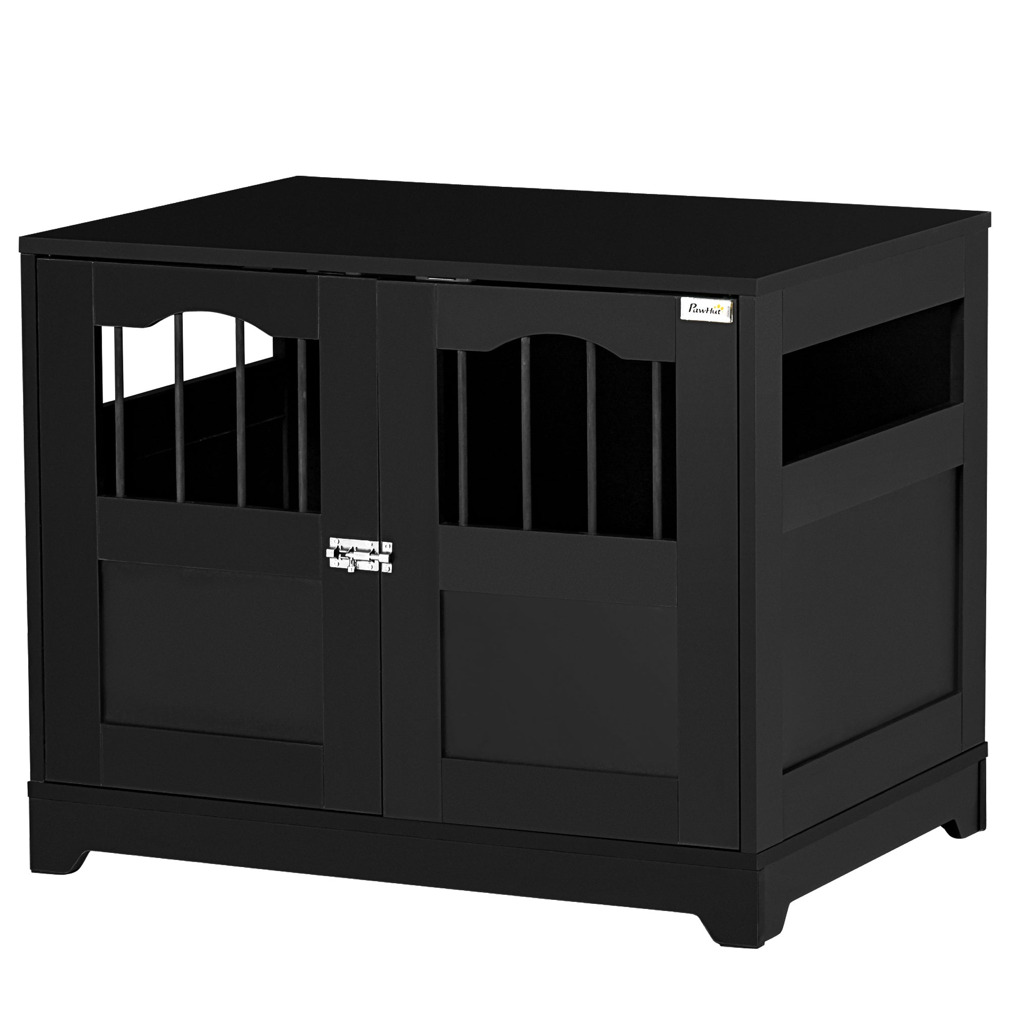 PawHut 29.5" Wooden Dog Cage with Windows, End Table Furniture Style, Modern Pet Kennel with Lockable Doors Elevated Base for Small and Medium-sized Dogs, Black