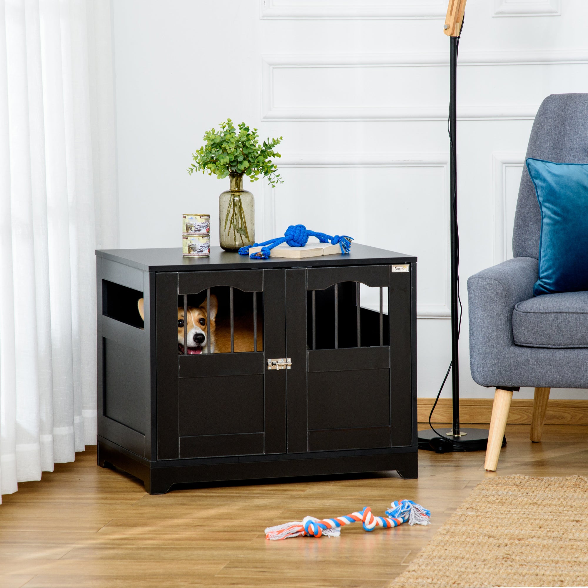 PawHut 29.5" Wooden Dog Cage with Windows, End Table Furniture Style, Modern Pet Kennel with Lockable Doors Elevated Base for Small and Medium-sized Dogs, Black