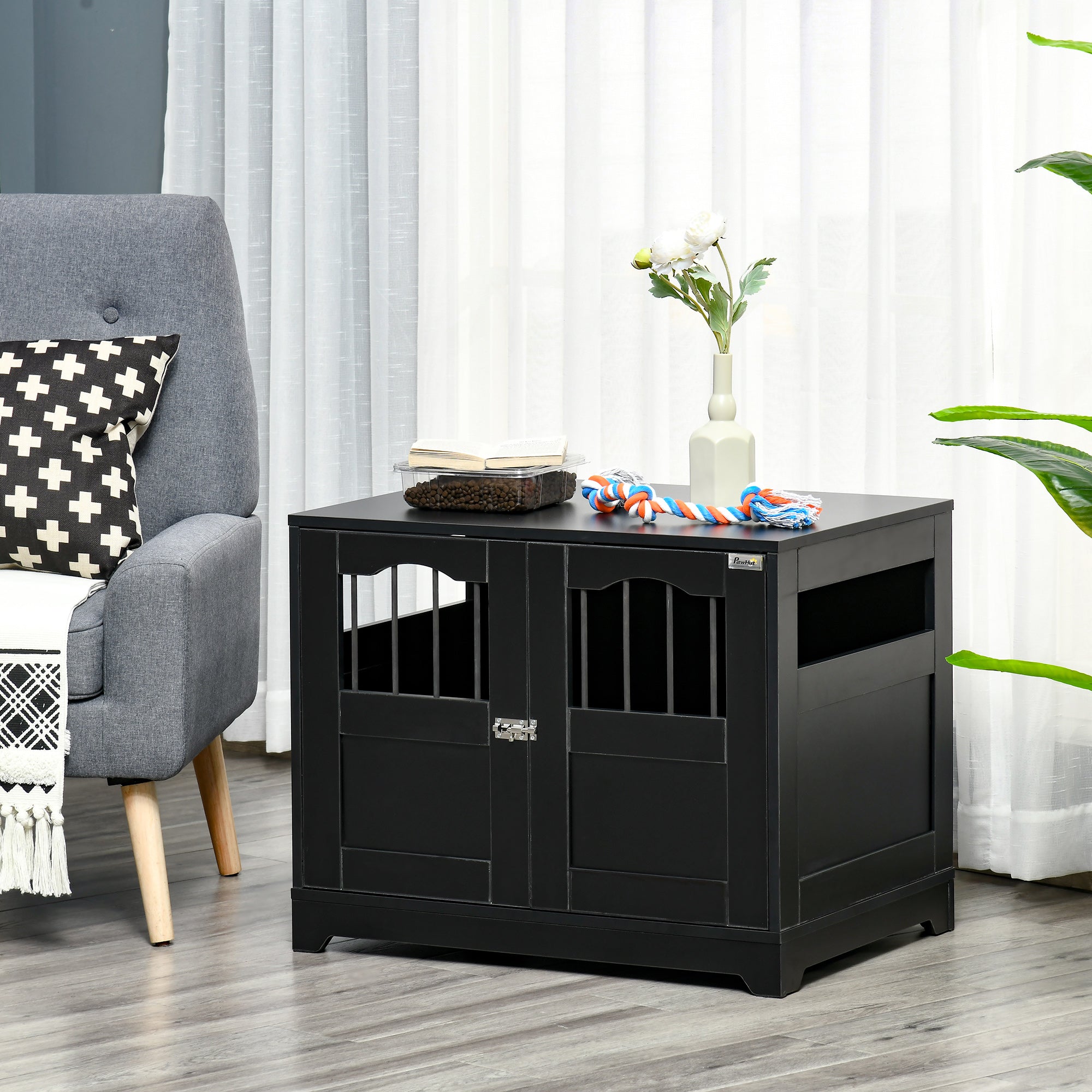 PawHut 29.5" Wooden Dog Cage with Windows, End Table Furniture Style, Modern Pet Kennel with Lockable Doors Elevated Base for Small and Medium-sized Dogs, Black