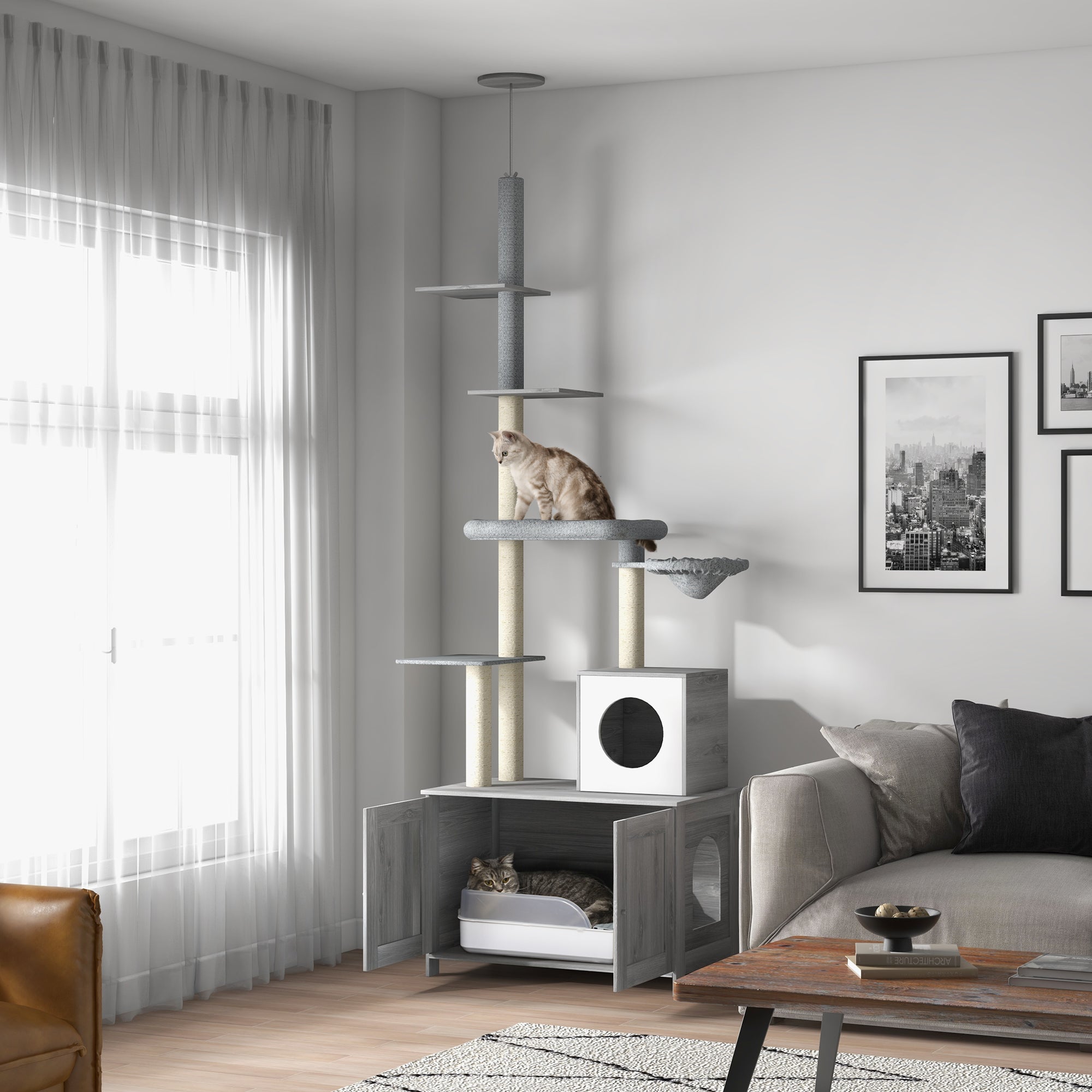 PawHut Cat Tree with Hidden Litter Box, 2-in-1 Floor-to-Ceiling Cat Litter Box Furniture with Cat House, Bed, Hammock, Scratching Posts and Platforms for Indoor Use - Grey