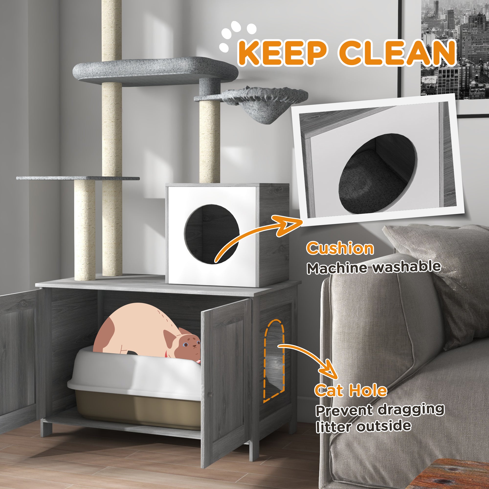 PawHut Cat Tree with Hidden Litter Box, 2-in-1 Floor-to-Ceiling Cat Litter Box Furniture with Cat House, Bed, Hammock, Scratching Posts and Platforms for Indoor Use - Grey