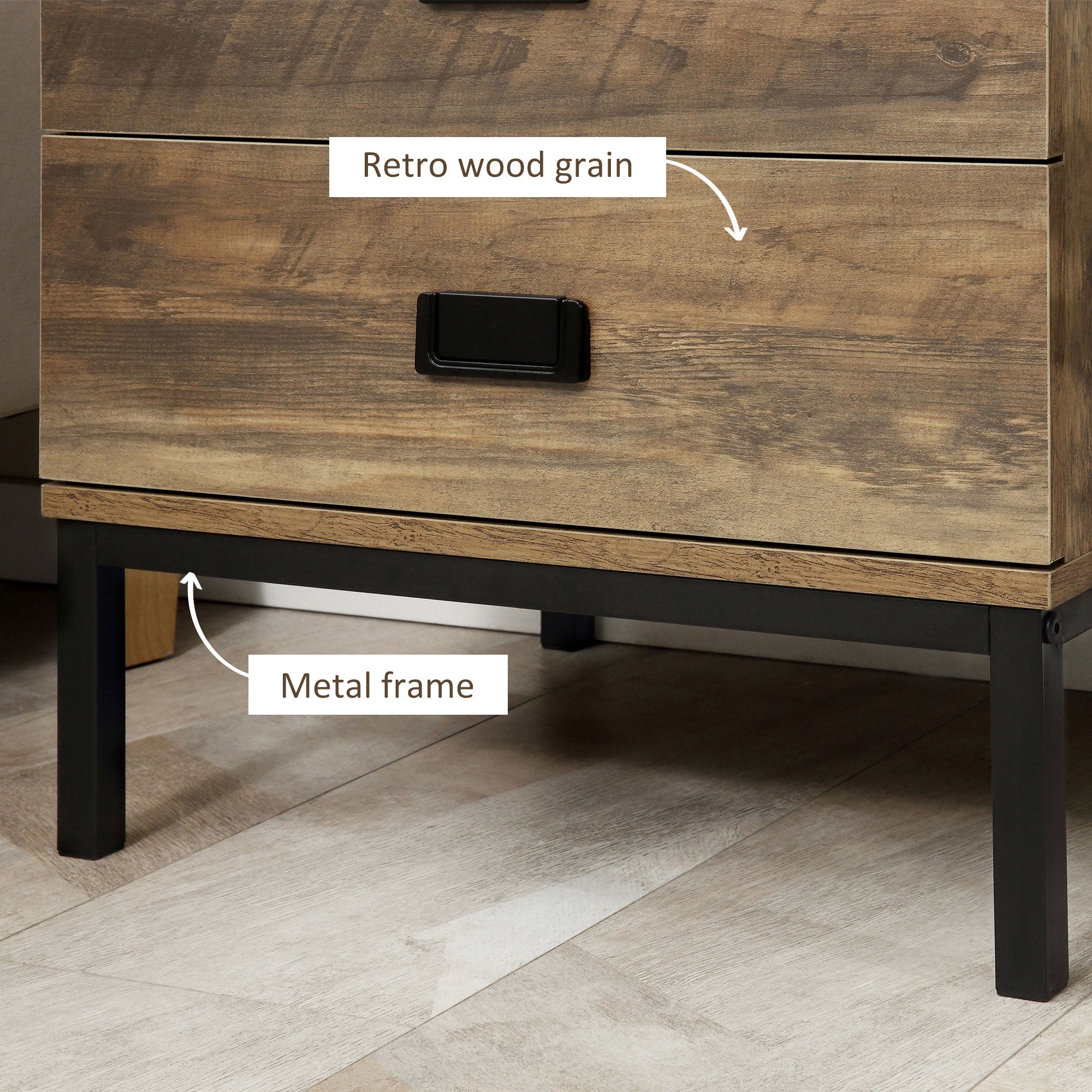 HOMCOM Nightstand with Storage, Retro Bedside Table, Side Table with 2 Drawers, Steel Frame for Bedroom, Coffee
