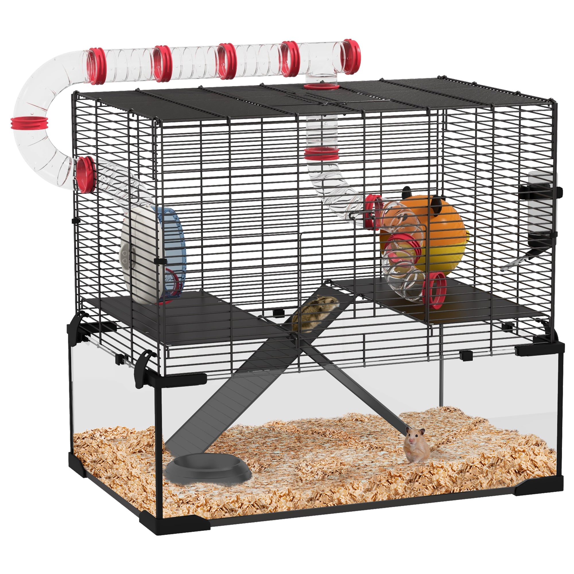 PawHut Hamster Cage, Small Animal House with Deep Glass Bottom, Tunnel Tube System, Ramps, Platforms, Hut, Exercise Wheel, Water Bottle, Dish, 24" x 16" x 22"