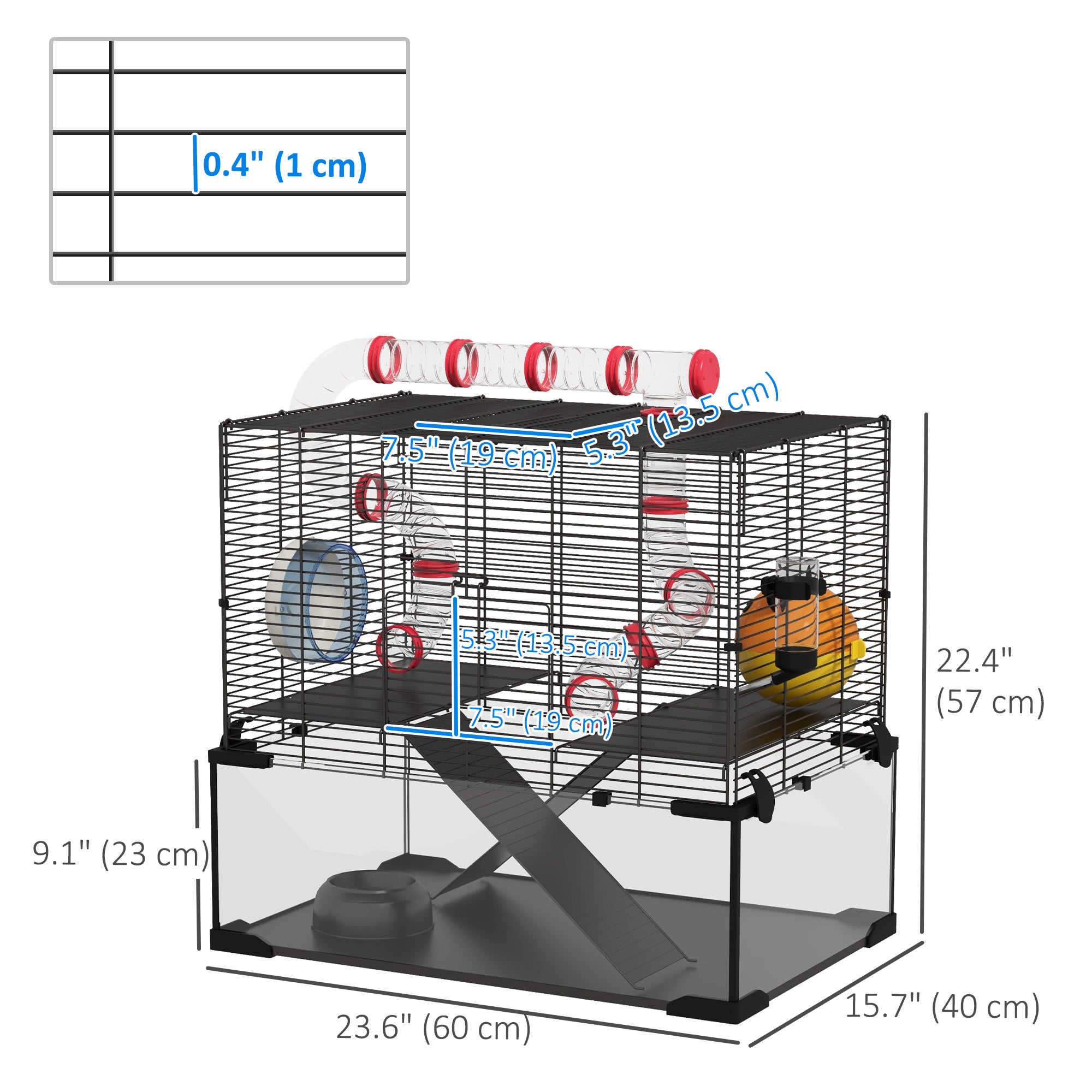 PawHut Hamster Cage, Small Animal House with Deep Glass Bottom, Tunnel Tube System, Ramps, Platforms, Hut, Exercise Wheel, Water Bottle, Dish, 24" x 16" x 22"