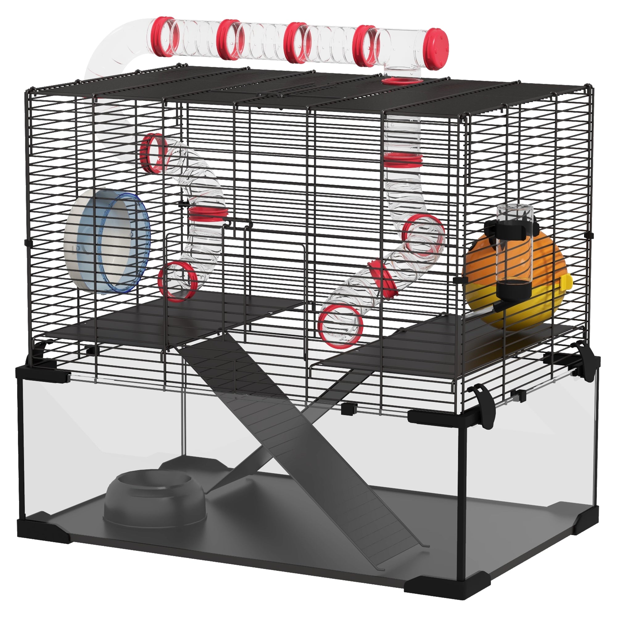 PawHut Large Hamster Cage, Gerbil Cage with Deep Glass Bottom, Tunnels, Non-Slip Ramps, Exercise Wheels, Water Bottle, Dish, 60 x 40 x 57cm