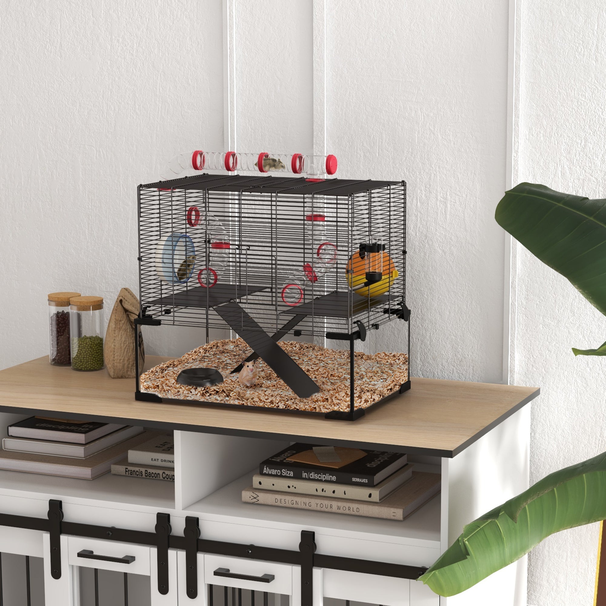 PawHut Hamster Cage, Small Animal House with Deep Glass Bottom, Tunnel Tube System, Ramps, Platforms, Hut, Exercise Wheel, Water Bottle, Dish, 24" x 16" x 22"