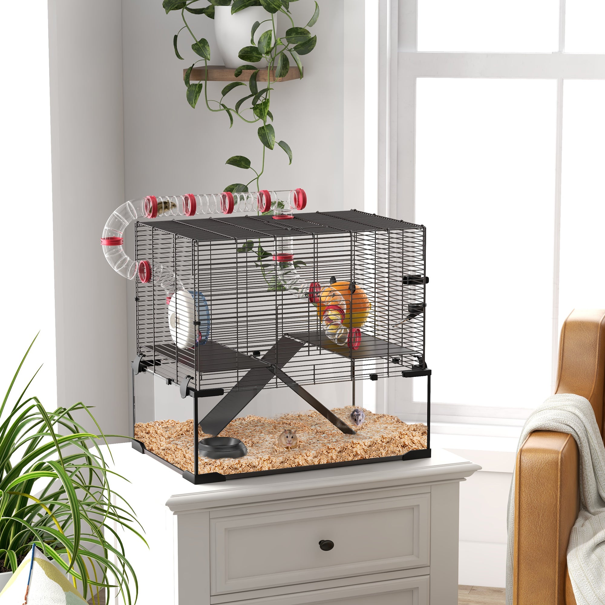 PawHut Hamster Cage, Small Animal House with Deep Glass Bottom, Tunnel Tube System, Ramps, Platforms, Hut, Exercise Wheel, Water Bottle, Dish, 24" x 16" x 22"
