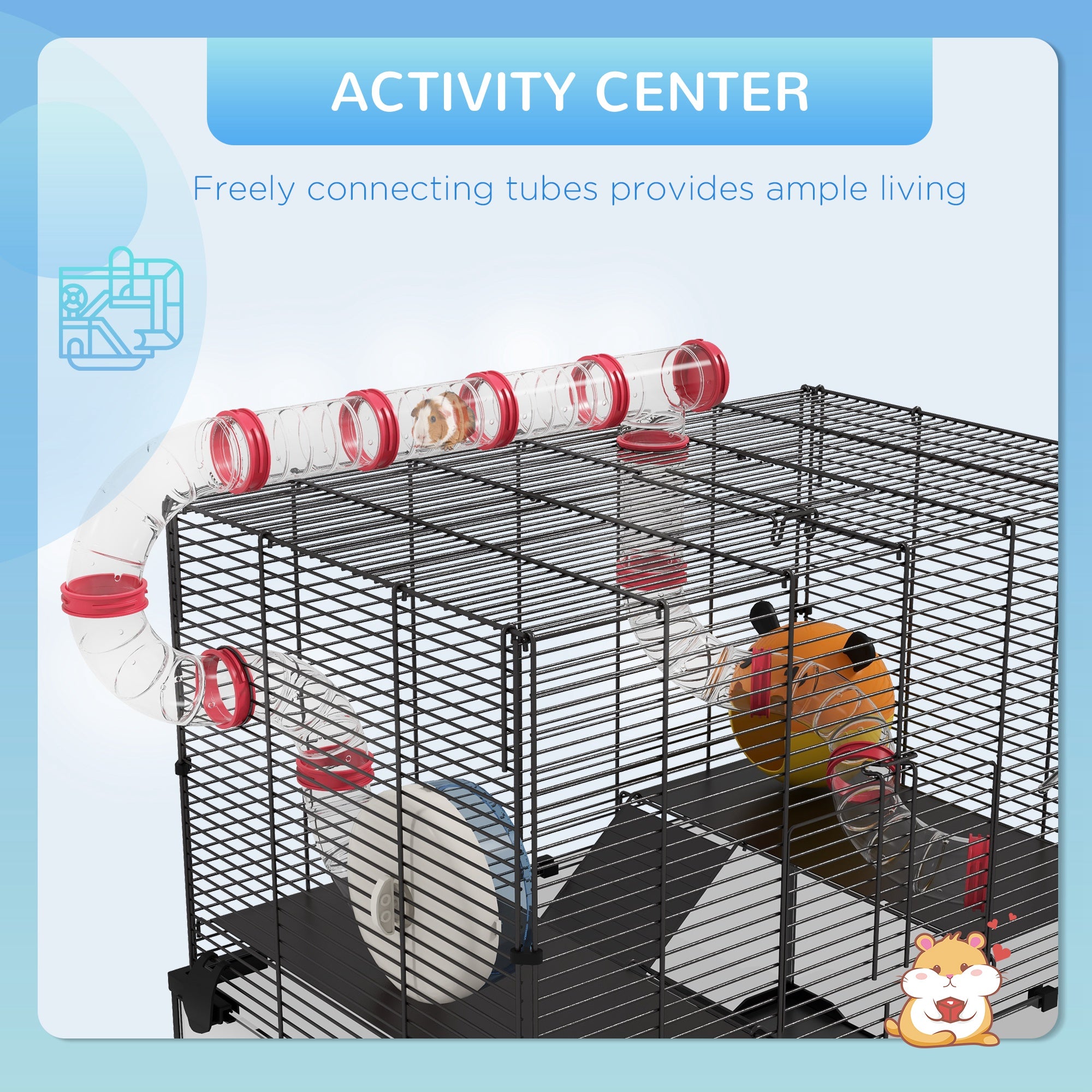 PawHut Hamster Cage, Small Animal House with Deep Glass Bottom, Tunnel Tube System, Ramps, Platforms, Hut, Exercise Wheel, Water Bottle, Dish, 24" x 16" x 22"