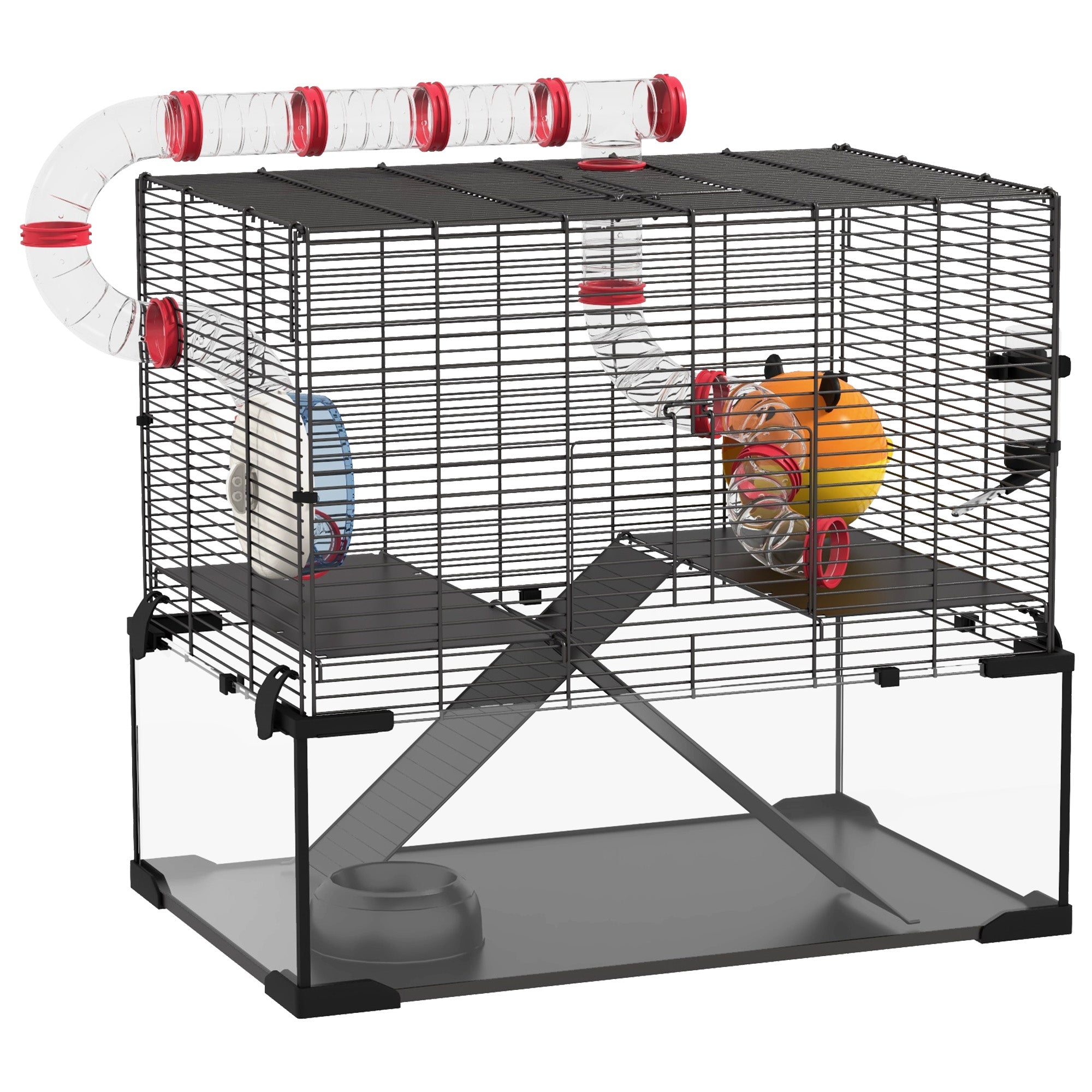 PawHut Large Hamster Cage, Gerbil Cage with Deep Glass Bottom, Tunnels, Non-Slip Ramps, Exercise Wheels, Water Bottle, Dish, 60 x 40 x 57cm