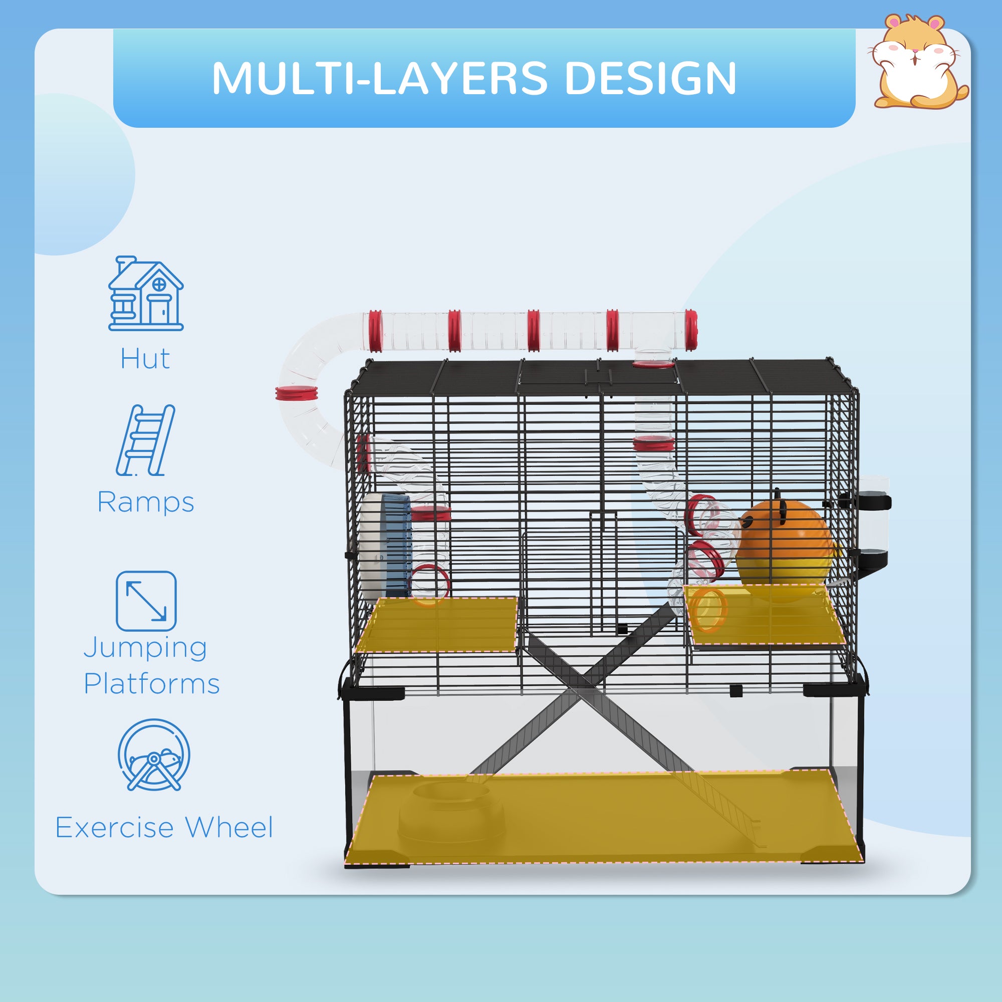 PawHut Hamster Cage, Small Animal House with Deep Glass Bottom, Tunnel Tube System, Ramps, Platforms, Hut, Exercise Wheel, Water Bottle, Dish, 24" x 16" x 22"