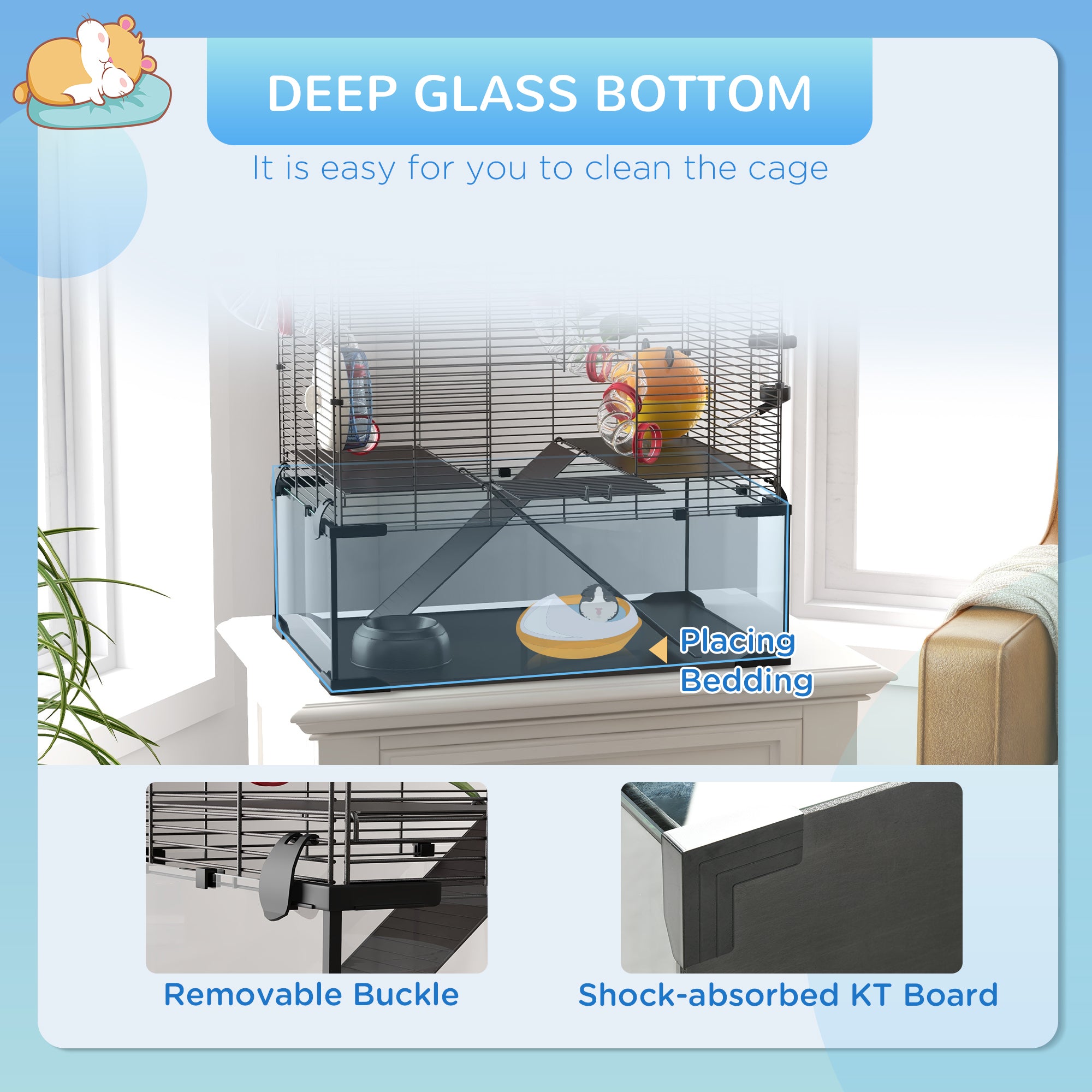 PawHut Hamster Cage, Small Animal House with Deep Glass Bottom, Tunnel Tube System, Ramps, Platforms, Hut, Exercise Wheel, Water Bottle, Dish, 24" x 16" x 22"