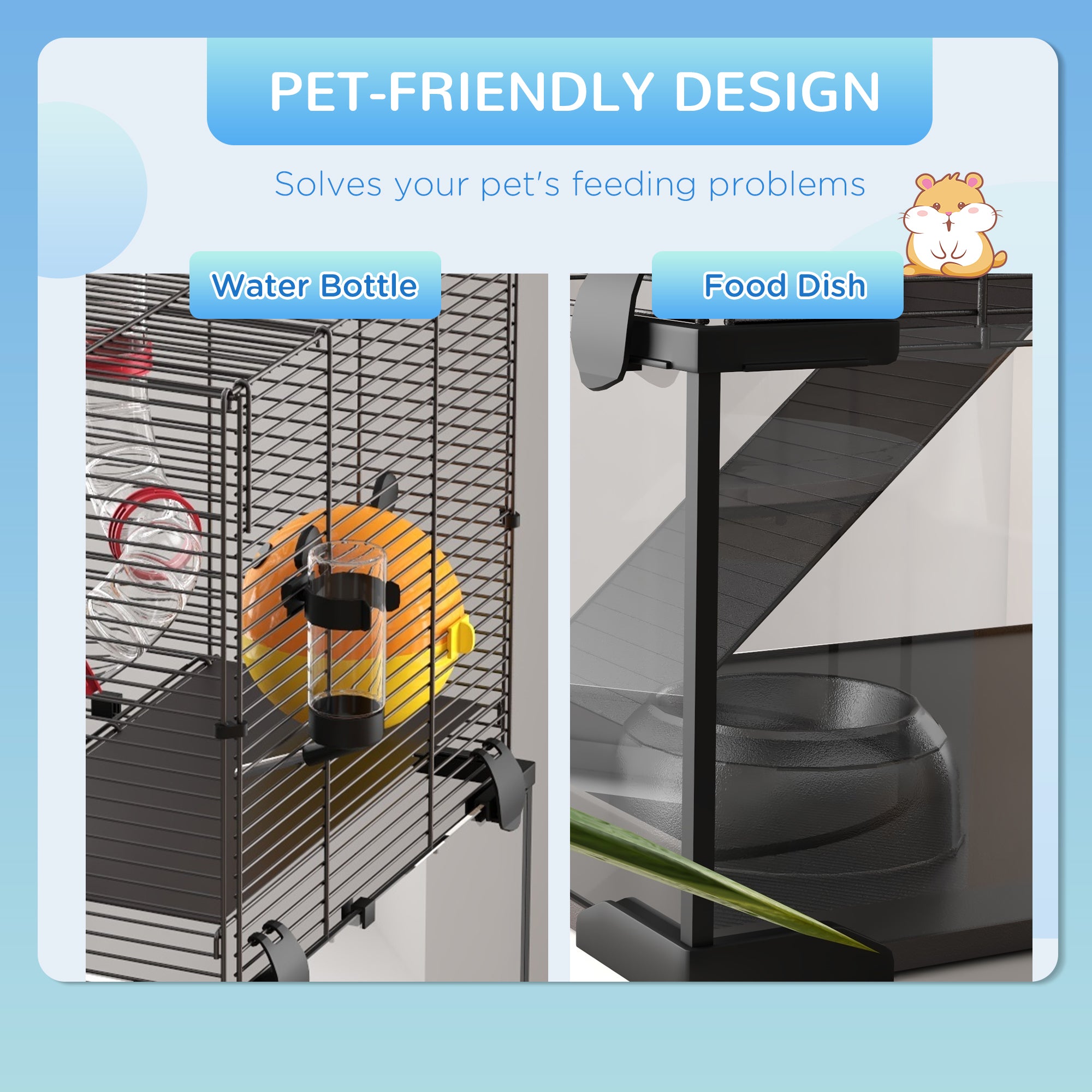 PawHut Hamster Cage, Small Animal House with Deep Glass Bottom, Tunnel Tube System, Ramps, Platforms, Hut, Exercise Wheel, Water Bottle, Dish, 24" x 16" x 22"