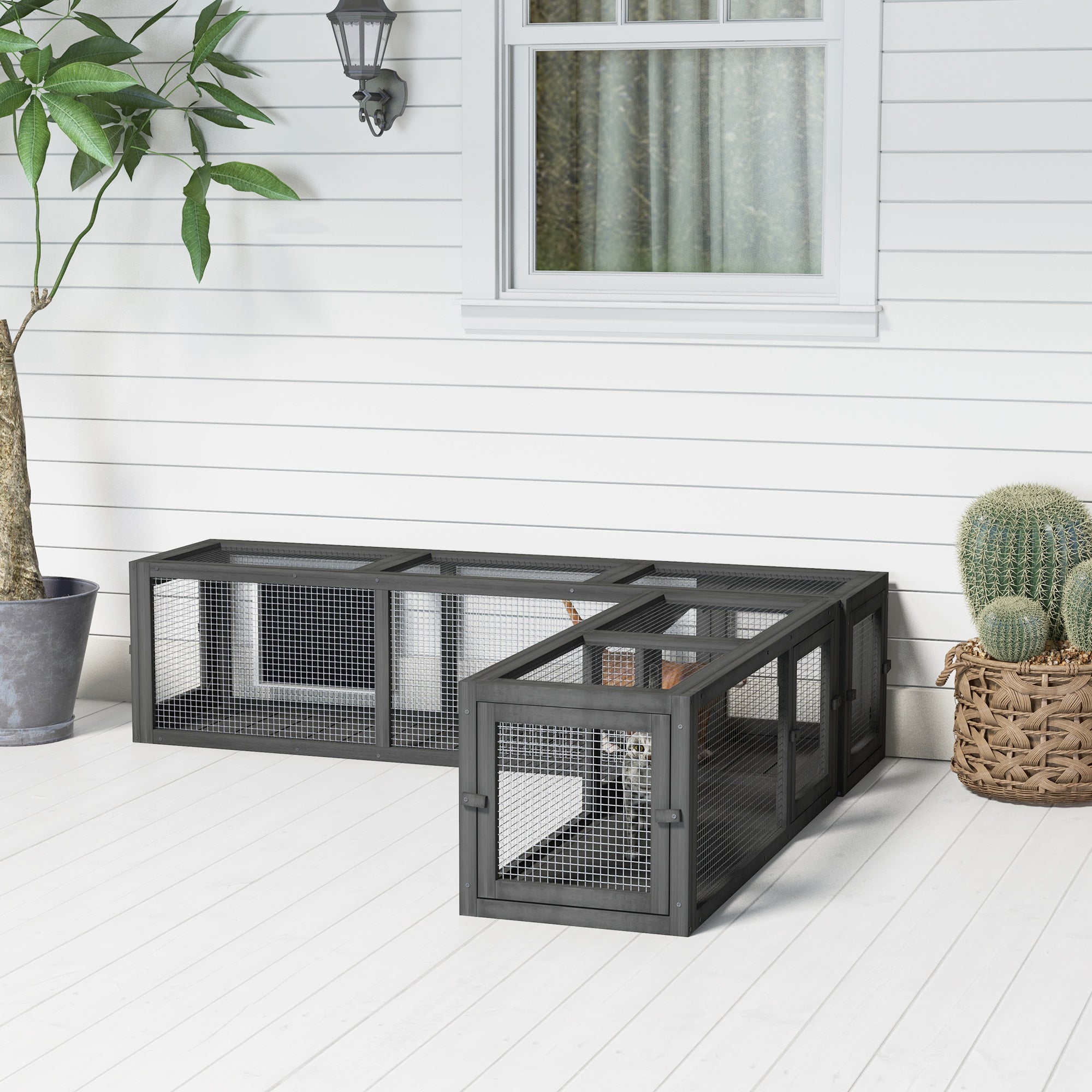 PawHut Wooden Cat Tunnel, Cat Play Tunnel 250cm Extra Long, with Eight Doors, L-Shape/Rectangle, for Cat, Rabbit, Puppy, Dark Grey