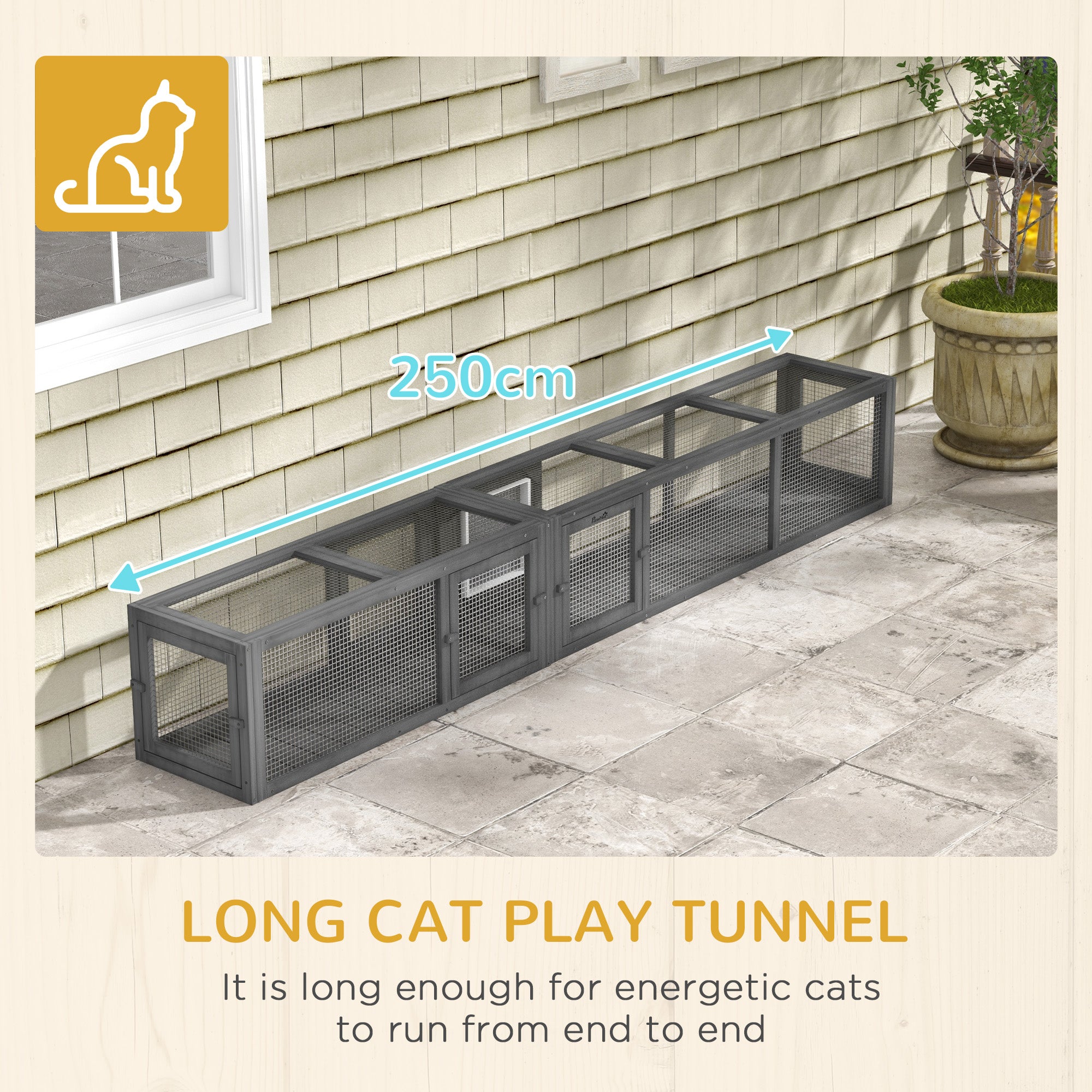PawHut Wooden Cat Tunnel, Cat Play Tunnel 250cm Extra Long, with Eight Doors, L-Shape/Rectangle, for Cat, Rabbit, Puppy, Dark Grey