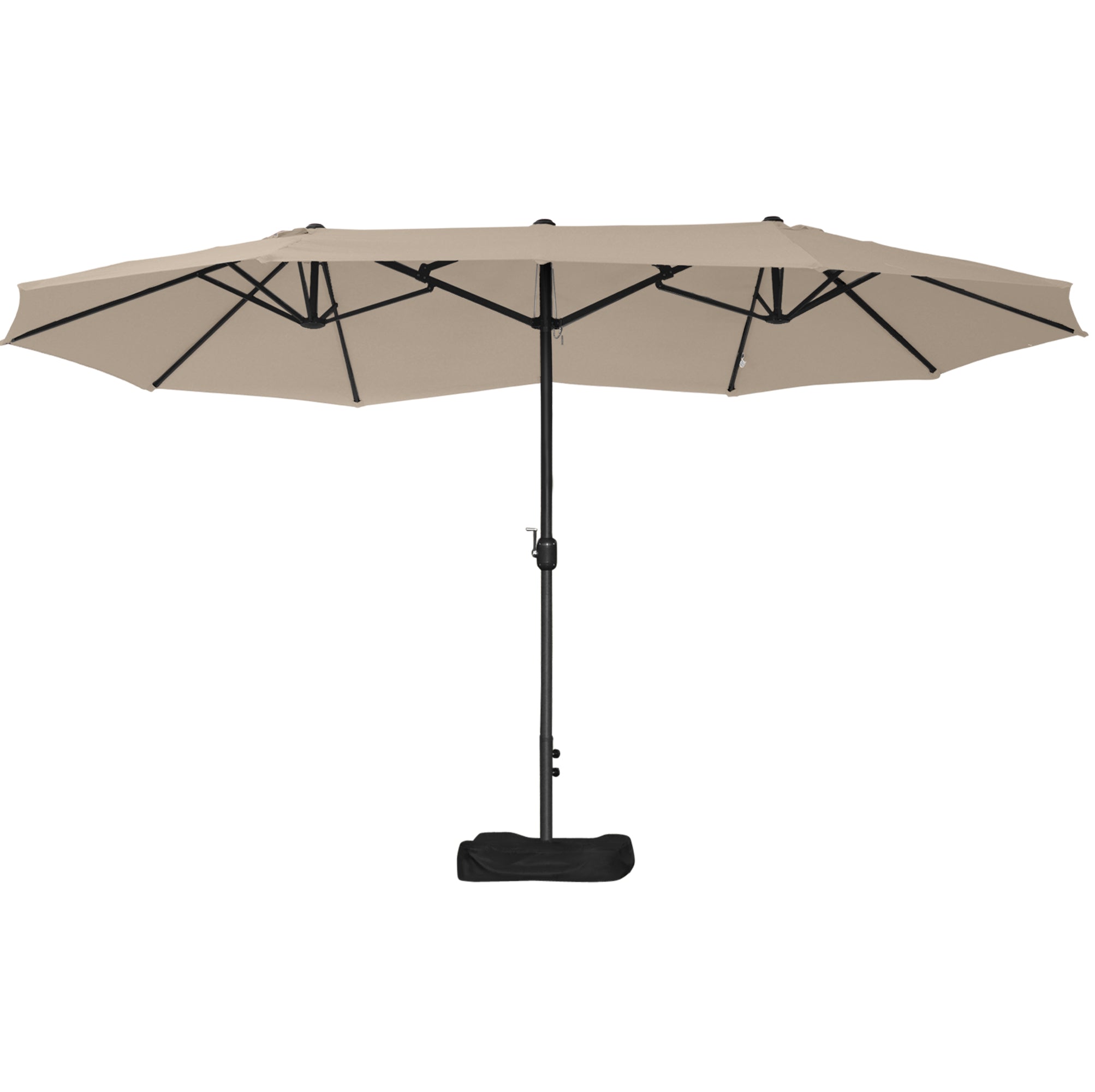 Outsunny 15' Outdoor Patio Umbrella with Twin Canopy Sunshade Steel Table Umbrella with Lift Crank, Cross base, Sandbag, Khaki