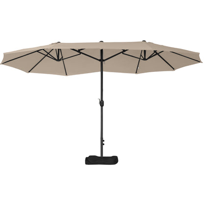 Outsunny 15' Outdoor Patio Umbrella with Twin Canopy Sunshade Steel Table Umbrella with Lift Crank, Cross base, Sandbag, Khaki