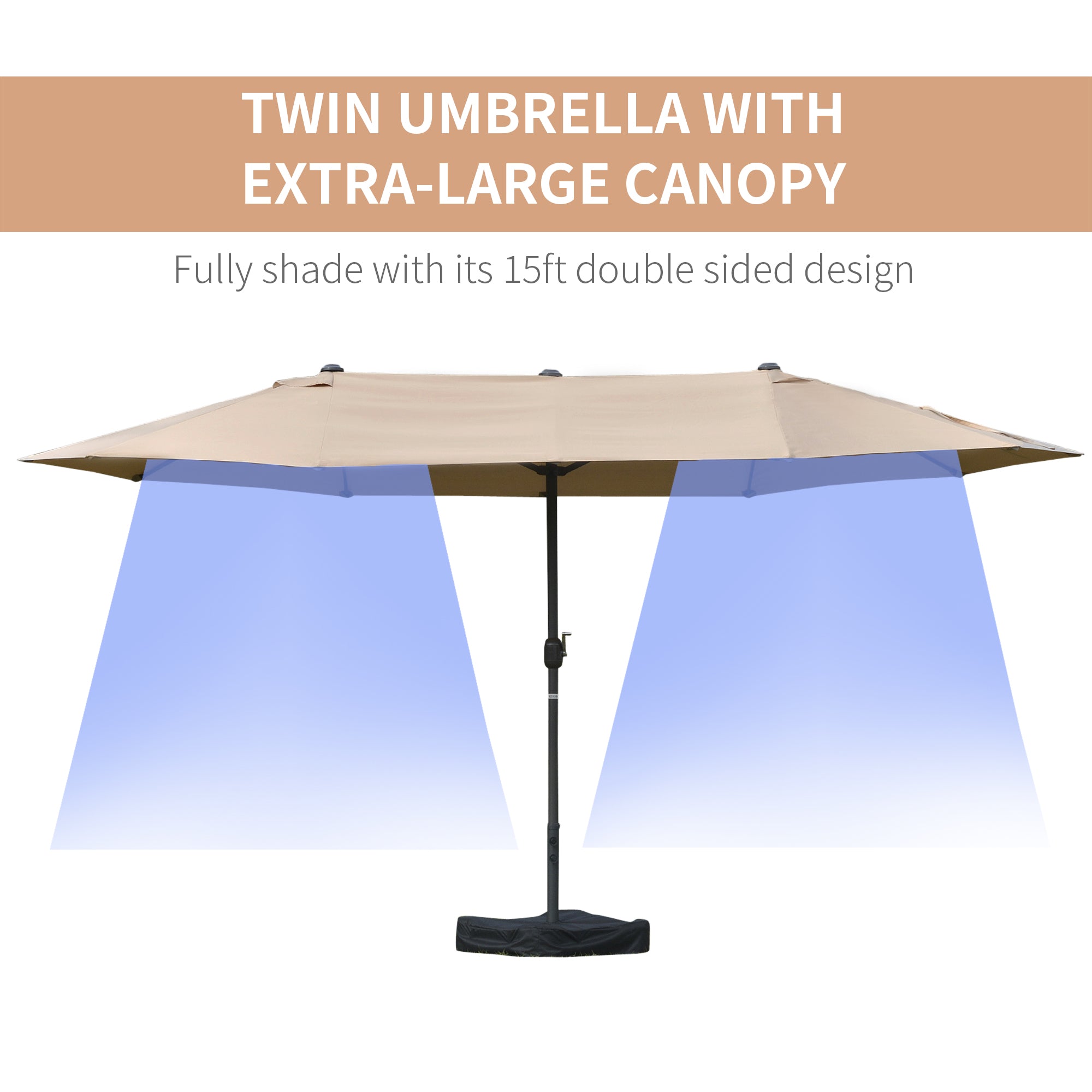 Outsunny 15' Outdoor Patio Umbrella with Twin Canopy Sunshade Steel Table Umbrella with Lift Crank, Cross base, Sandbag, Khaki