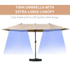 Outsunny 15' Outdoor Patio Umbrella with Twin Canopy Sunshade Steel Table Umbrella with Lift Crank, Cross base, Sandbag, Khaki