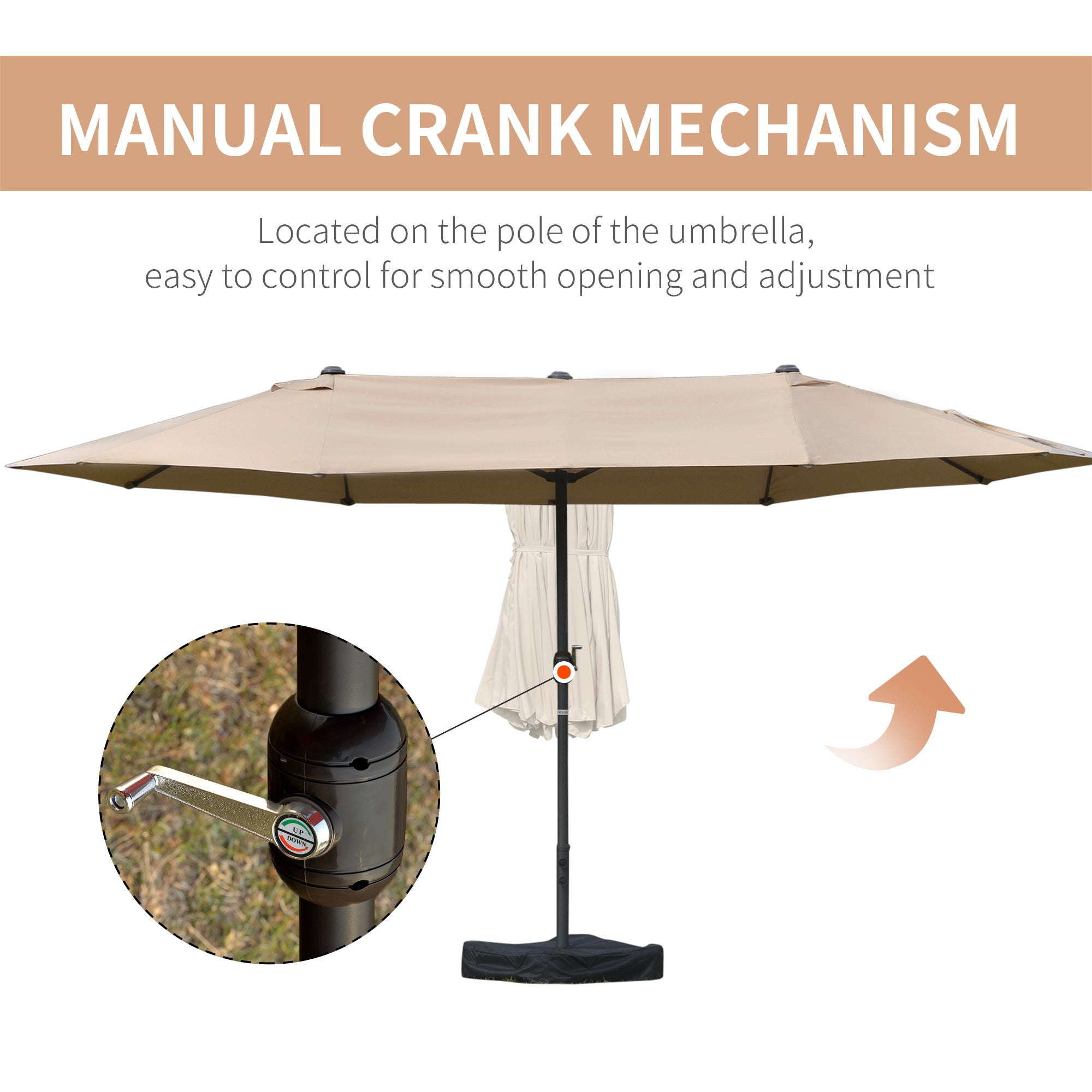 Outsunny 15' Outdoor Patio Umbrella with Twin Canopy Sunshade Steel Table Umbrella with Lift Crank, Cross base, Sandbag, Khaki
