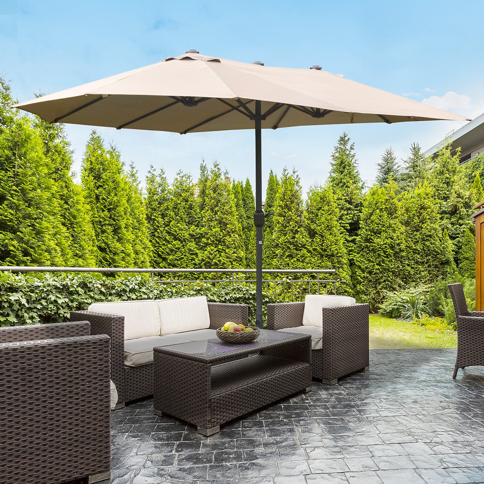 Outsunny 15' Outdoor Patio Umbrella with Twin Canopy Sunshade Steel Table Umbrella with Lift Crank, Cross base, Sandbag, Khaki