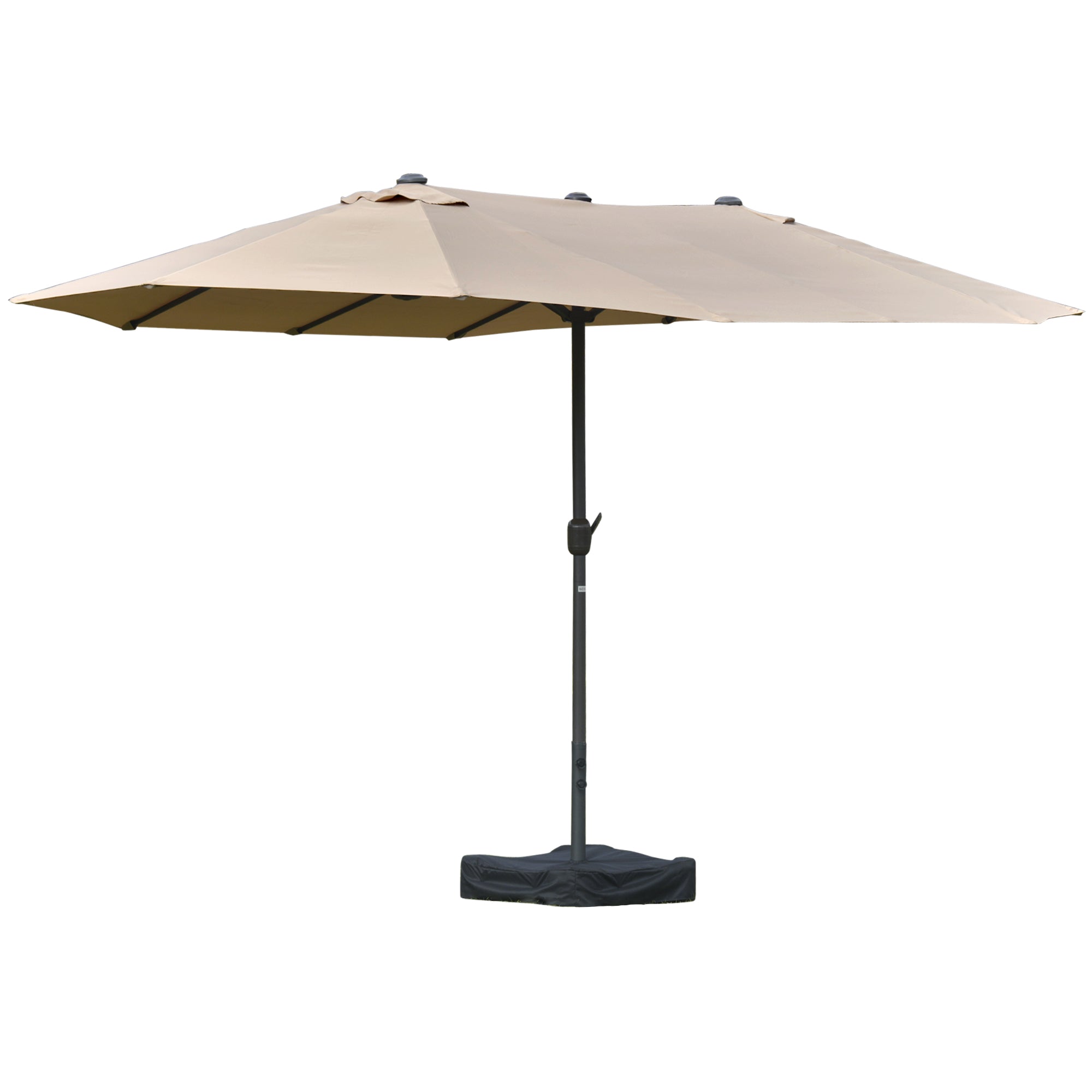 Outsunny 15' Outdoor Patio Umbrella with Twin Canopy Sunshade Steel Table Umbrella with Lift Crank, Cross base, Sandbag, Khaki