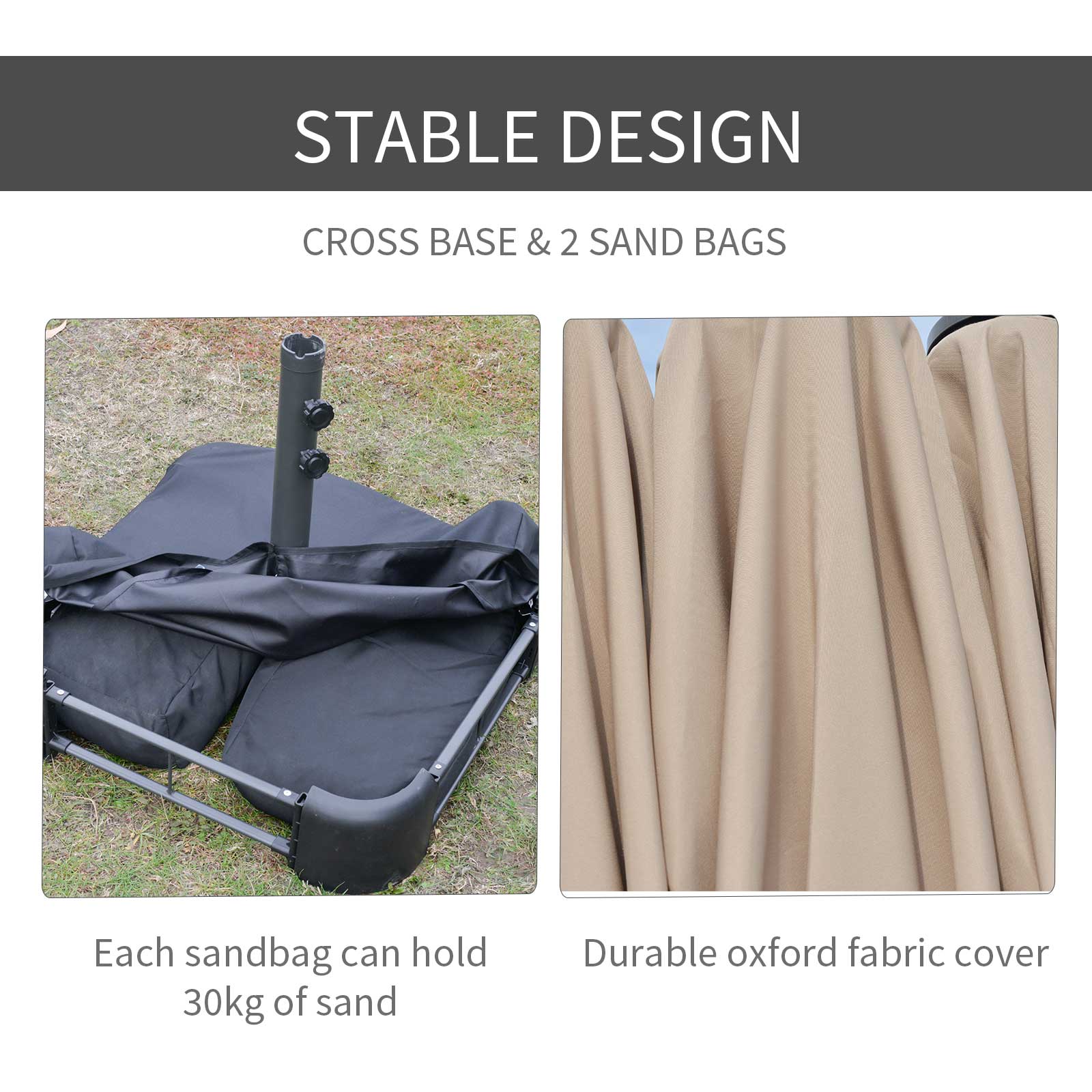 Outsunny 15' Outdoor Patio Umbrella with Twin Canopy Sunshade Steel Table Umbrella with Lift Crank, Cross base, Sandbag, Khaki
