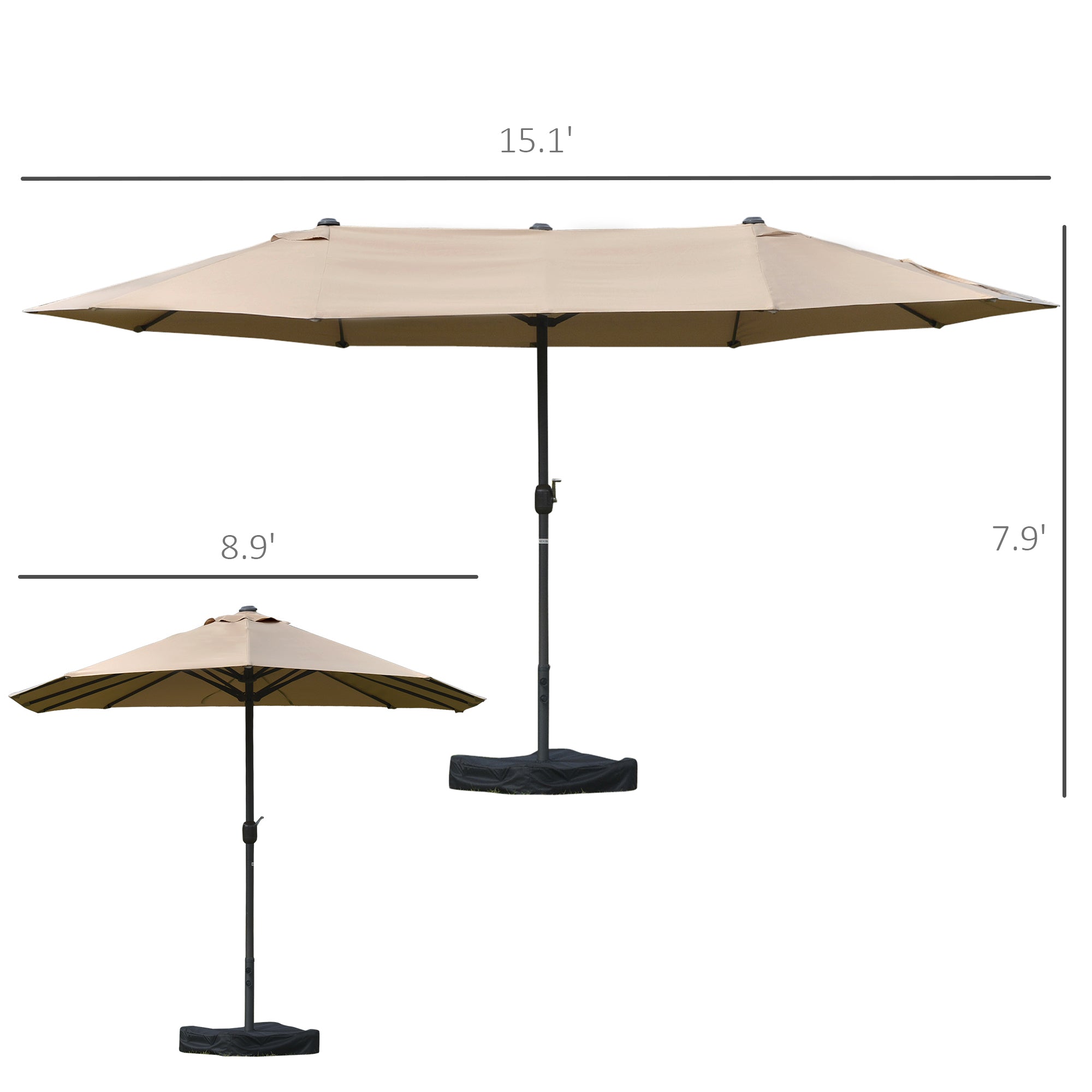 Outsunny 15' Outdoor Patio Umbrella with Twin Canopy Sunshade Steel Table Umbrella with Lift Crank, Cross base, Sandbag, Khaki