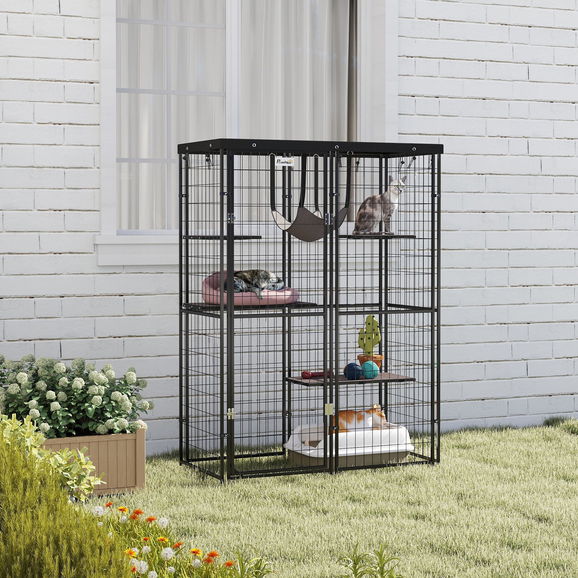 PawHut Catio Outdoor Cat Enclosure, Weld Wire Outdoor Cat House with Waterproof Cover, 4 Jumping Platforms, Hammock, Cat Cage Indoor for 1-3 Kittens, 46.5" x 22" x 62", Black