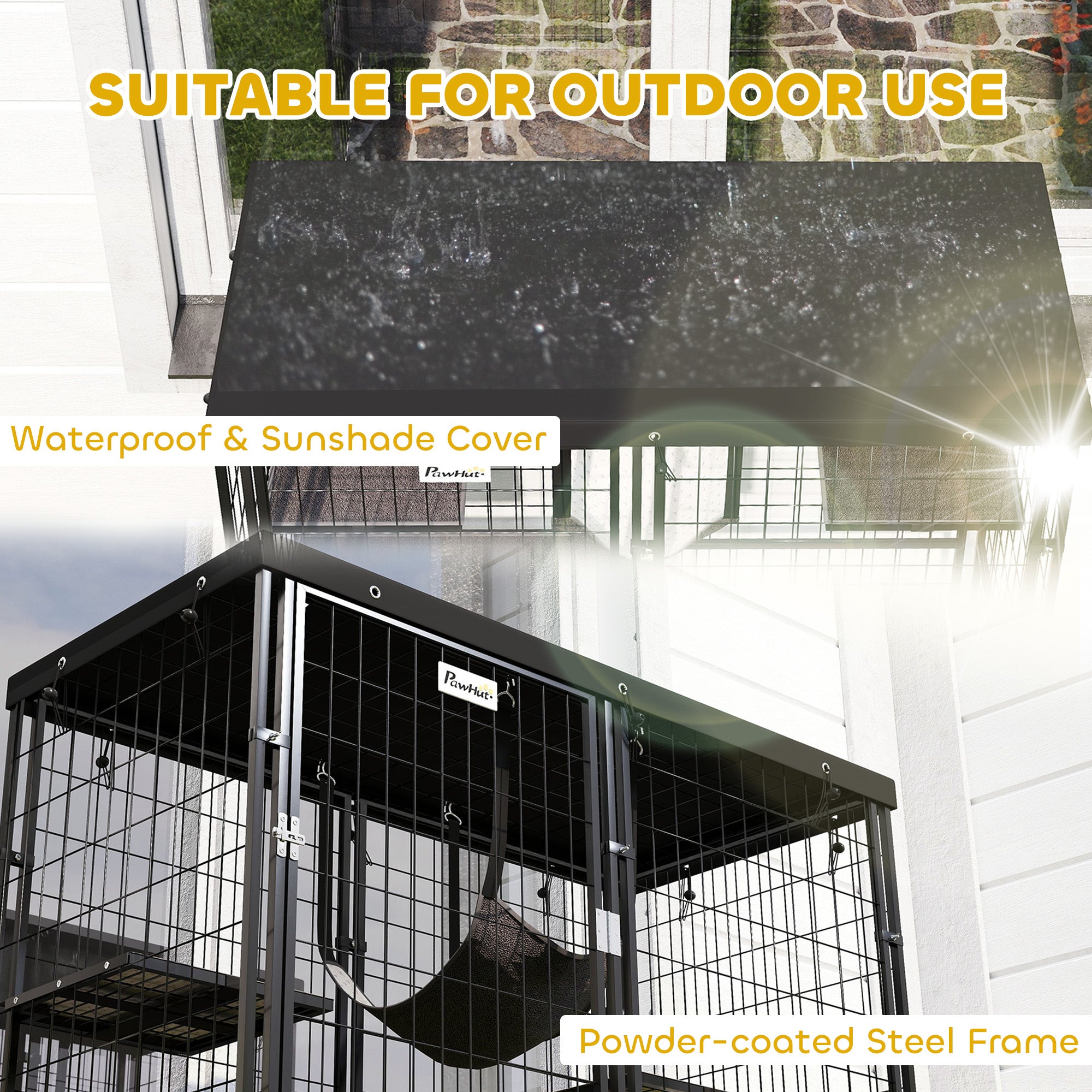 PawHut Catio Outdoor Cat Enclosure, Weld Wire Outdoor Cat House with Waterproof Cover, 4 Jumping Platforms, Hammock, Cat Cage Indoor for 1-3 Kittens, 46.5