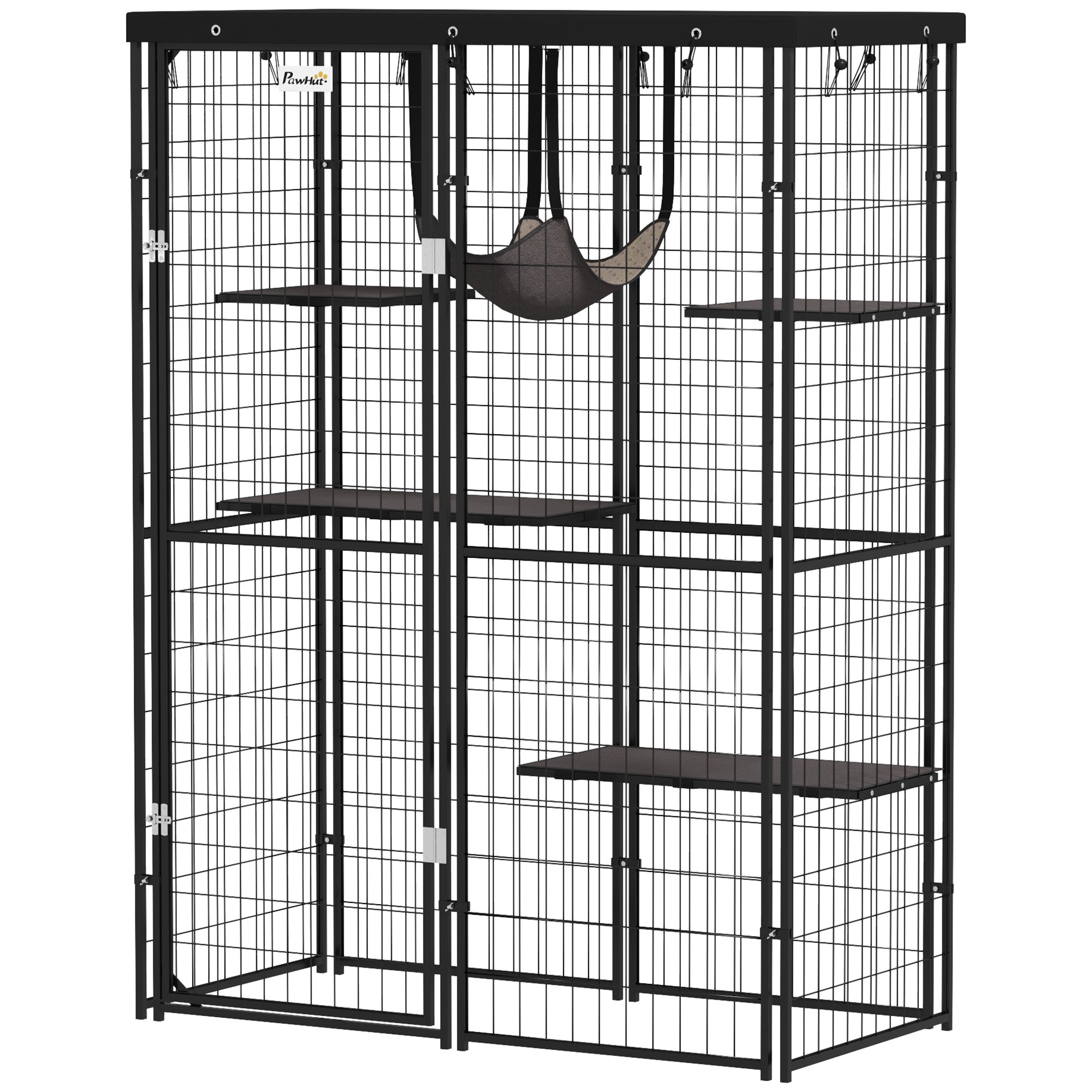 PawHut Catio Outdoor Cat Enclosure, Weld Wire Outdoor Cat House with Waterproof Cover, 4 Jumping Platforms, Hammock, Cat Cage Indoor for 1-3 Kittens, 46.5" x 22" x 62", Black