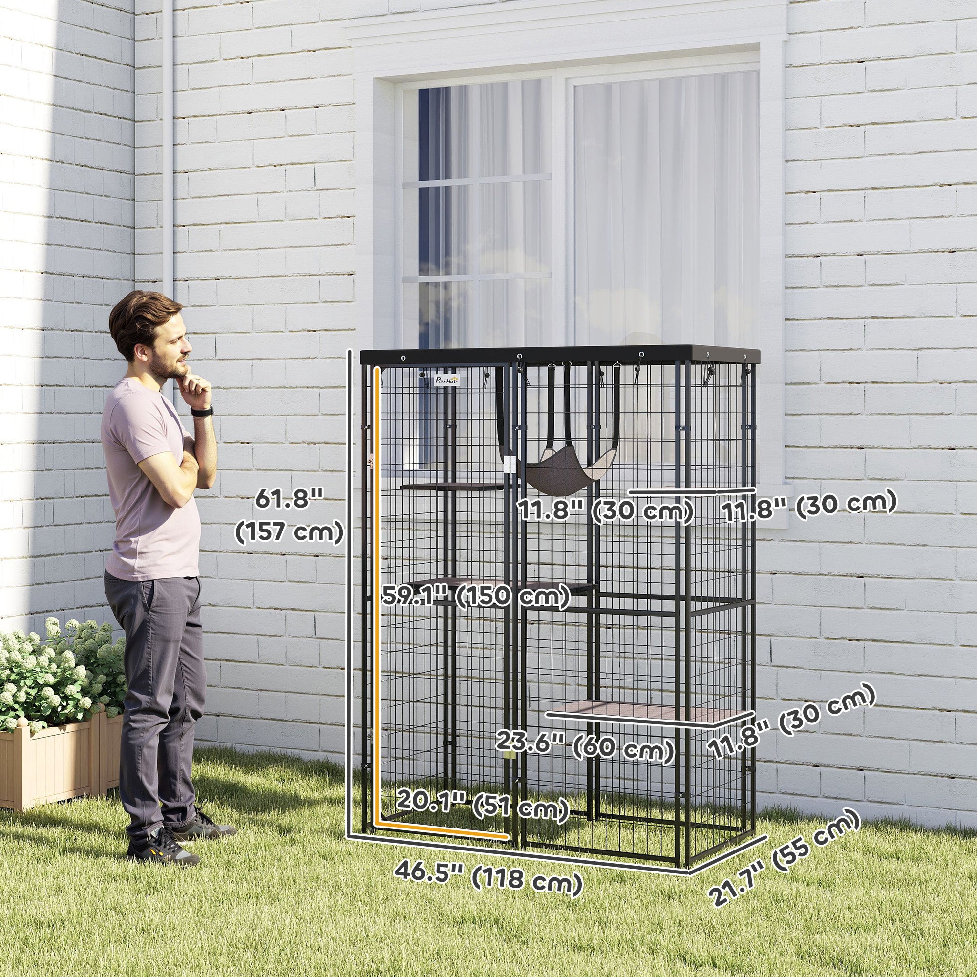 PawHut Catio Outdoor Cat Enclosure, Weld Wire Outdoor Cat House with Waterproof Cover, 4 Jumping Platforms, Hammock, Cat Cage Indoor for 1-3 Kittens, 46.5" x 22" x 62", Black
