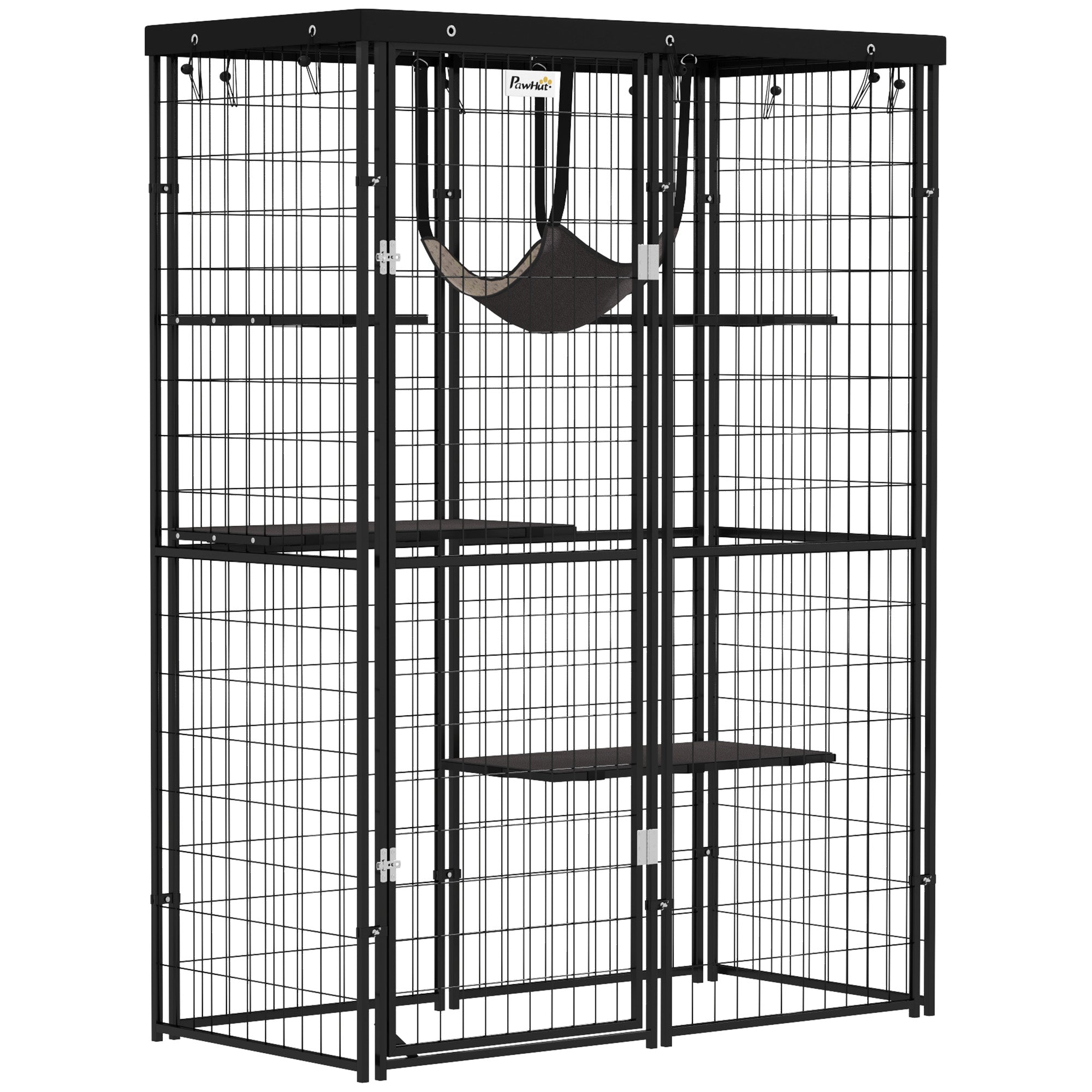PawHut Catio Outdoor Cat Enclosure, Weld Wire Outdoor Cat House with Waterproof Cover, 4 Jumping Platforms, Hammock, Cat Cage Indoor for 1-3 Kittens, 46.5" x 22" x 62", Black
