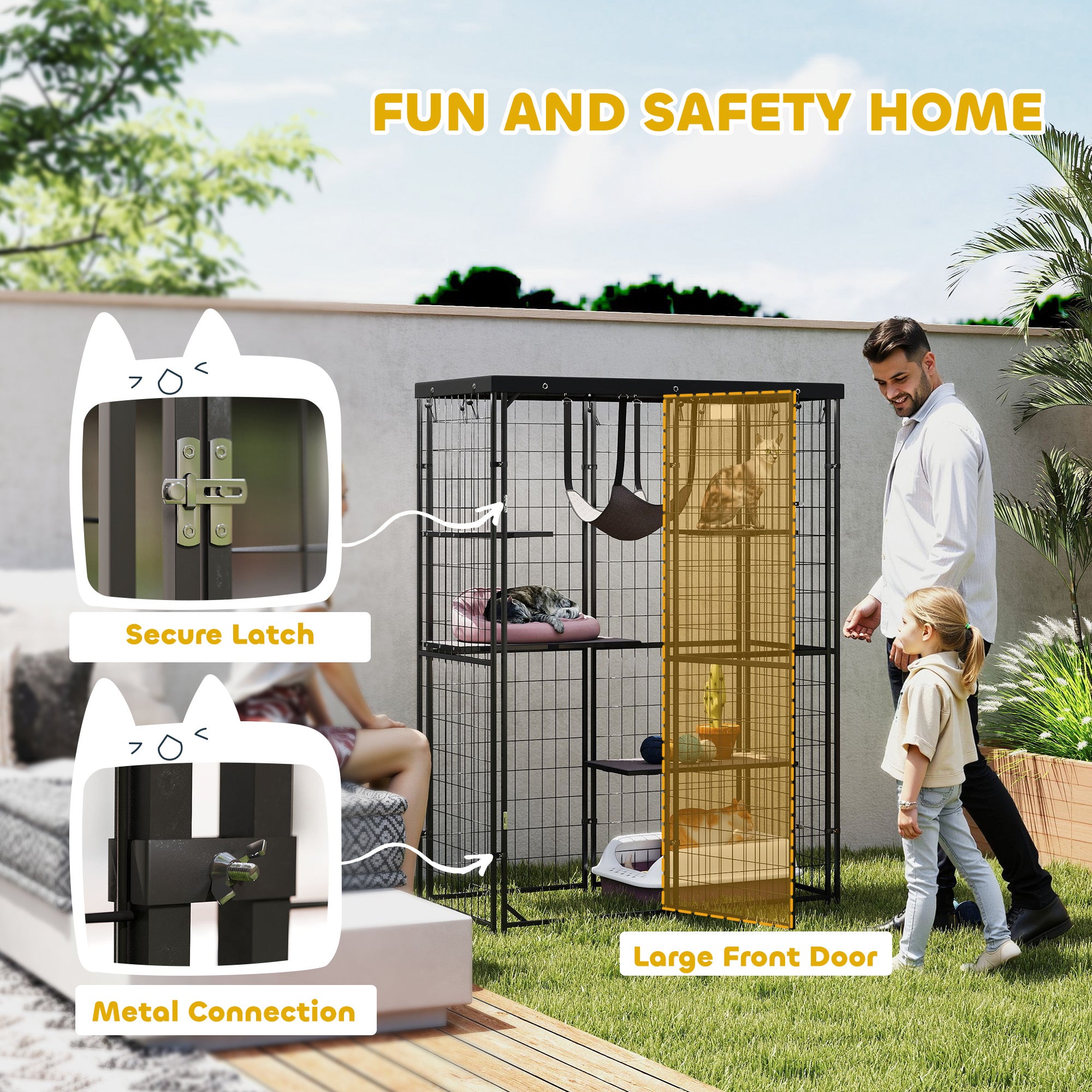 PawHut Catio Outdoor Cat Enclosure, Weld Wire Outdoor Cat House with Waterproof Cover, 4 Jumping Platforms, Hammock, Cat Cage Indoor for 1-3 Kittens, 46.5" x 22" x 62", Black