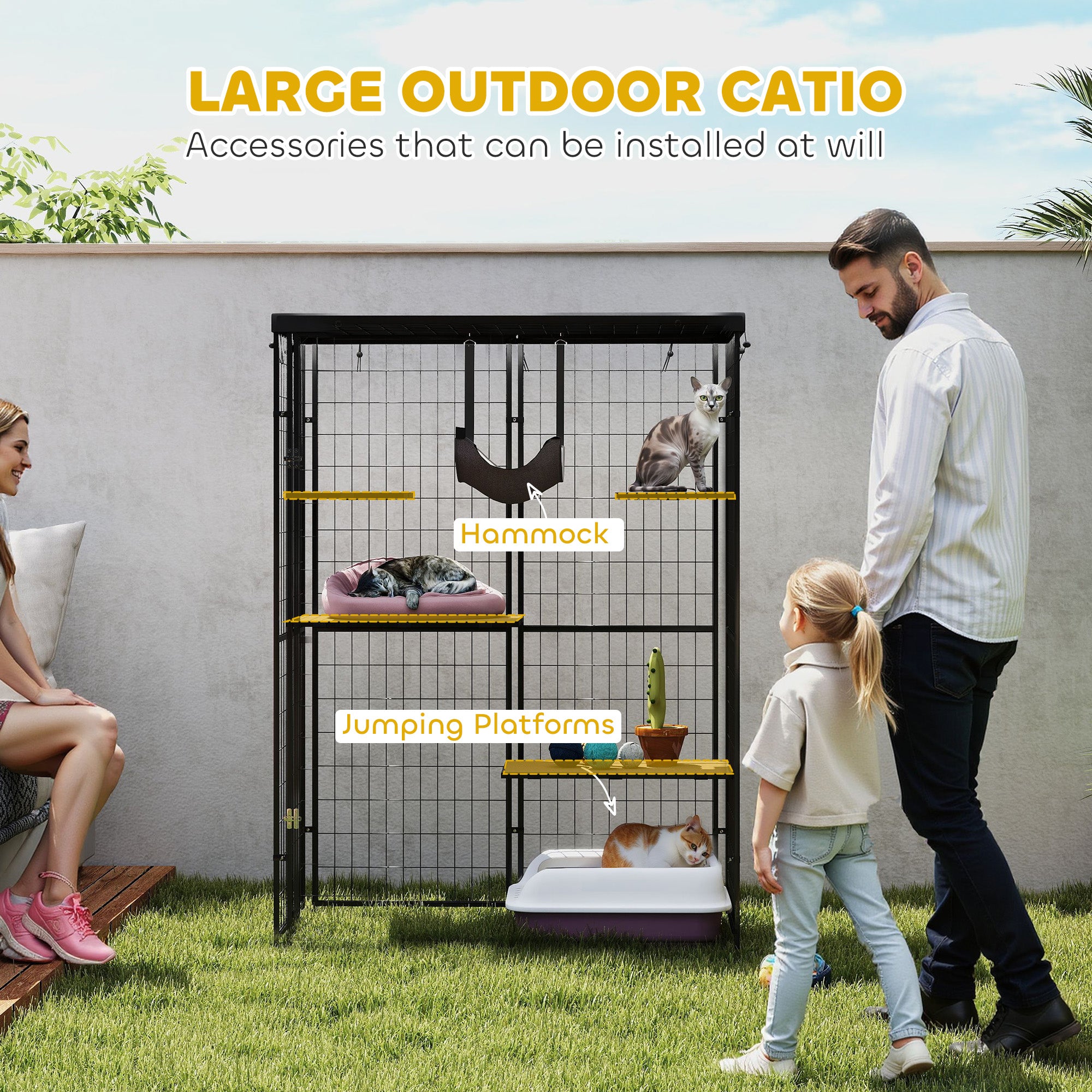 PawHut Catio Outdoor Cat Enclosure, Weld Wire Outdoor Cat House with Waterproof Cover, 4 Jumping Platforms, Hammock, Cat Cage Indoor for 1-3 Kittens, 46.5" x 22" x 62", Black