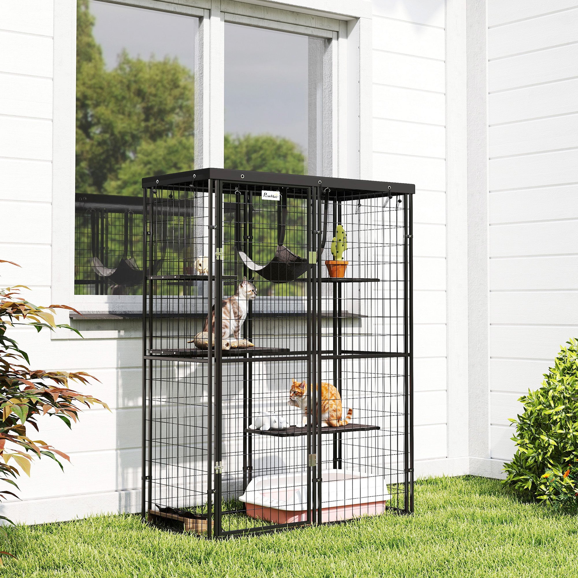 PawHut Catio Outdoor Cat Enclosure, Weld Wire Outdoor Cat House with Waterproof Cover, 4 Jumping Platforms, Hammock, Cat Cage Indoor for 1-3 Kittens, 46.5" x 22" x 62", Black