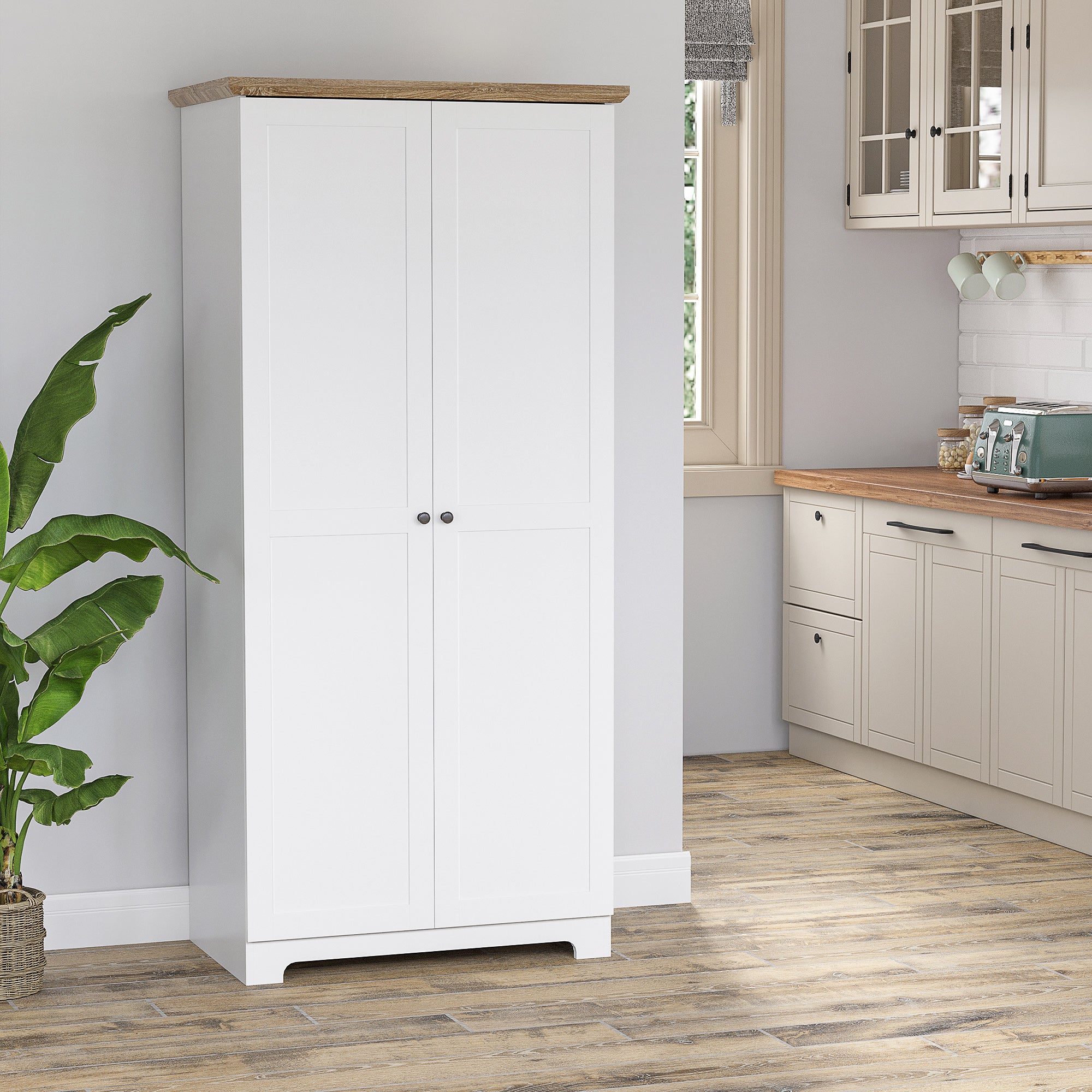 HOMCOM 68" Kitchen Pantry Storage Cabinet, Freestanding Pantry Cabinets with 2 Doors, White