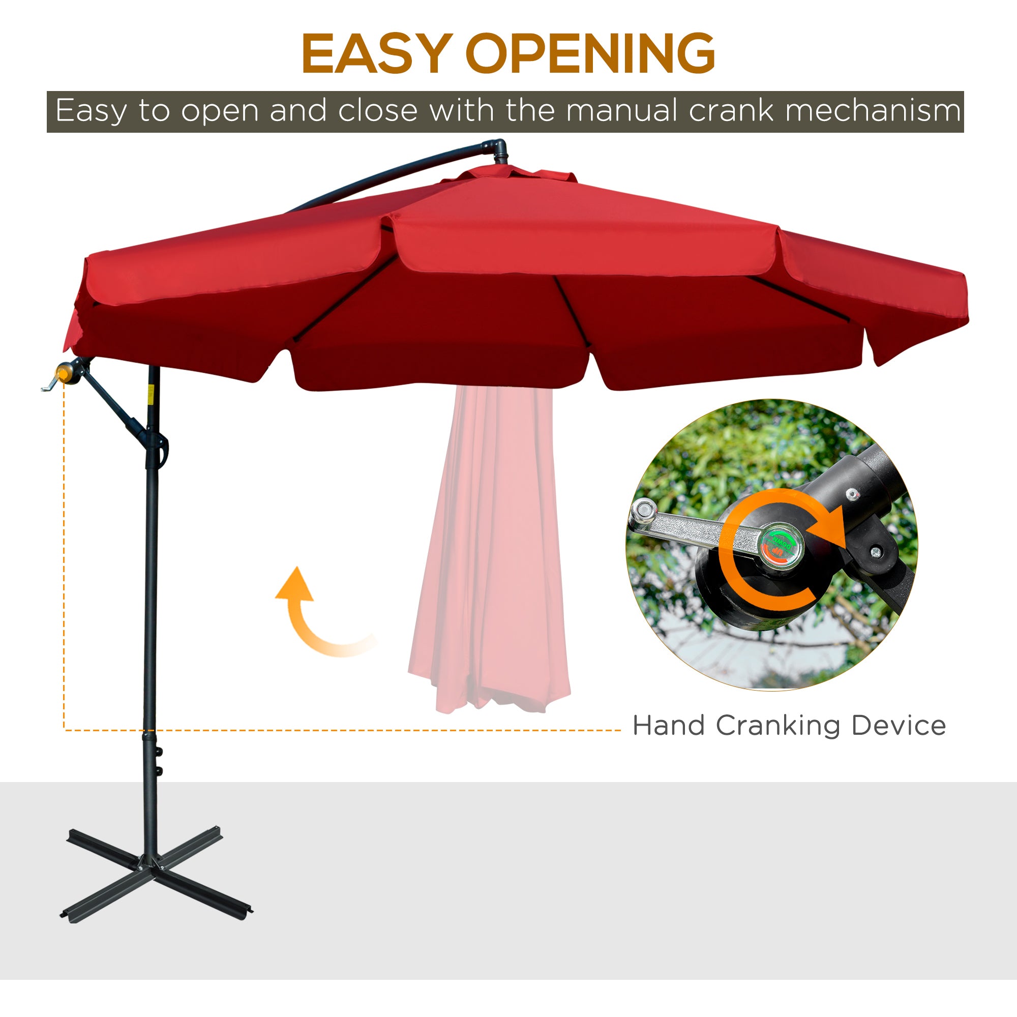 Outsunny 11FT Offset Hanging Patio Umbrella Cantilever Umbrella with Easy Tilt Adjustment, Cross Base and 8 Ribs for Backyard, Poolside, Lawn and Garden, Red