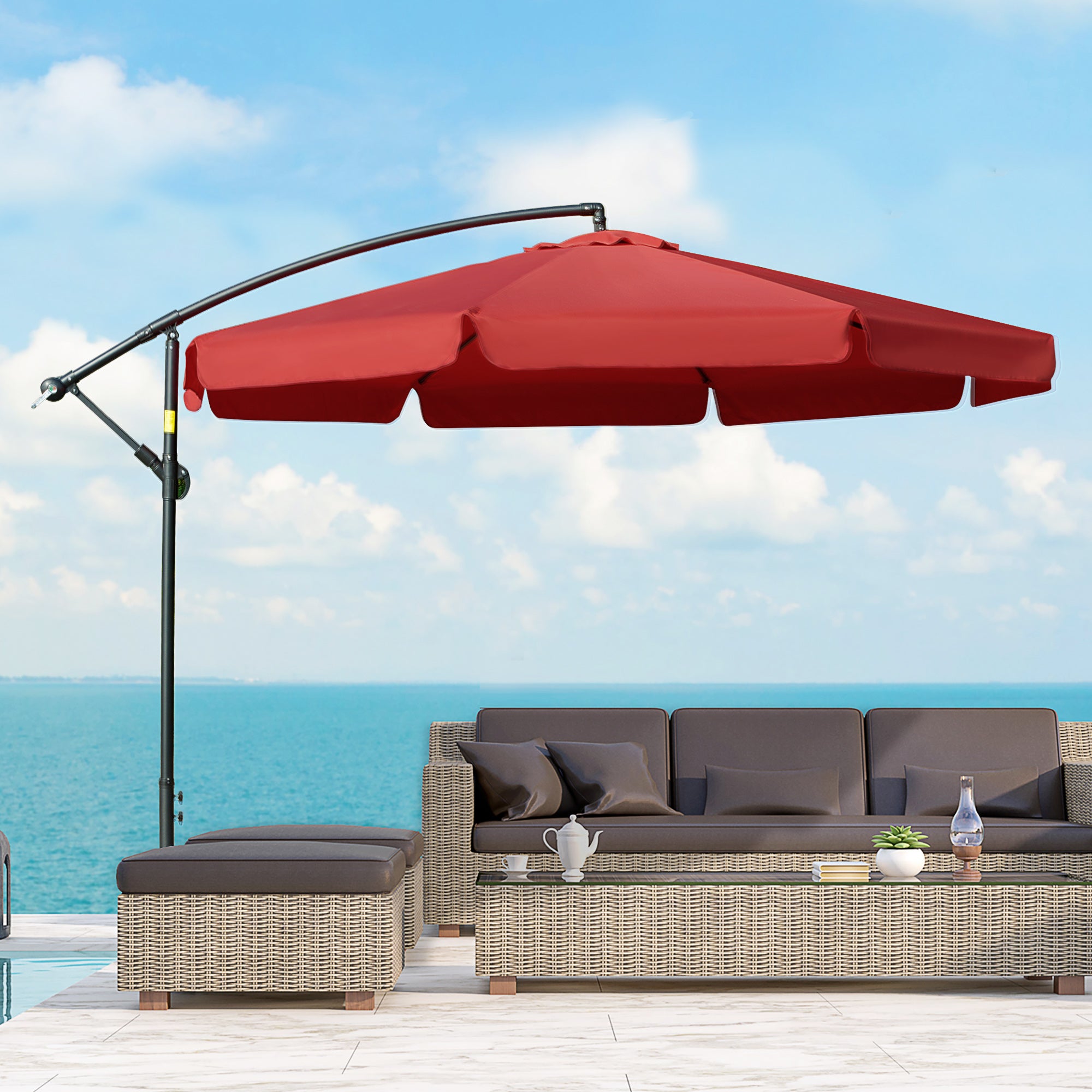 Outsunny 11FT Offset Hanging Patio Umbrella Cantilever Umbrella with Easy Tilt Adjustment, Cross Base and 8 Ribs for Backyard, Poolside, Lawn and Garden, Red