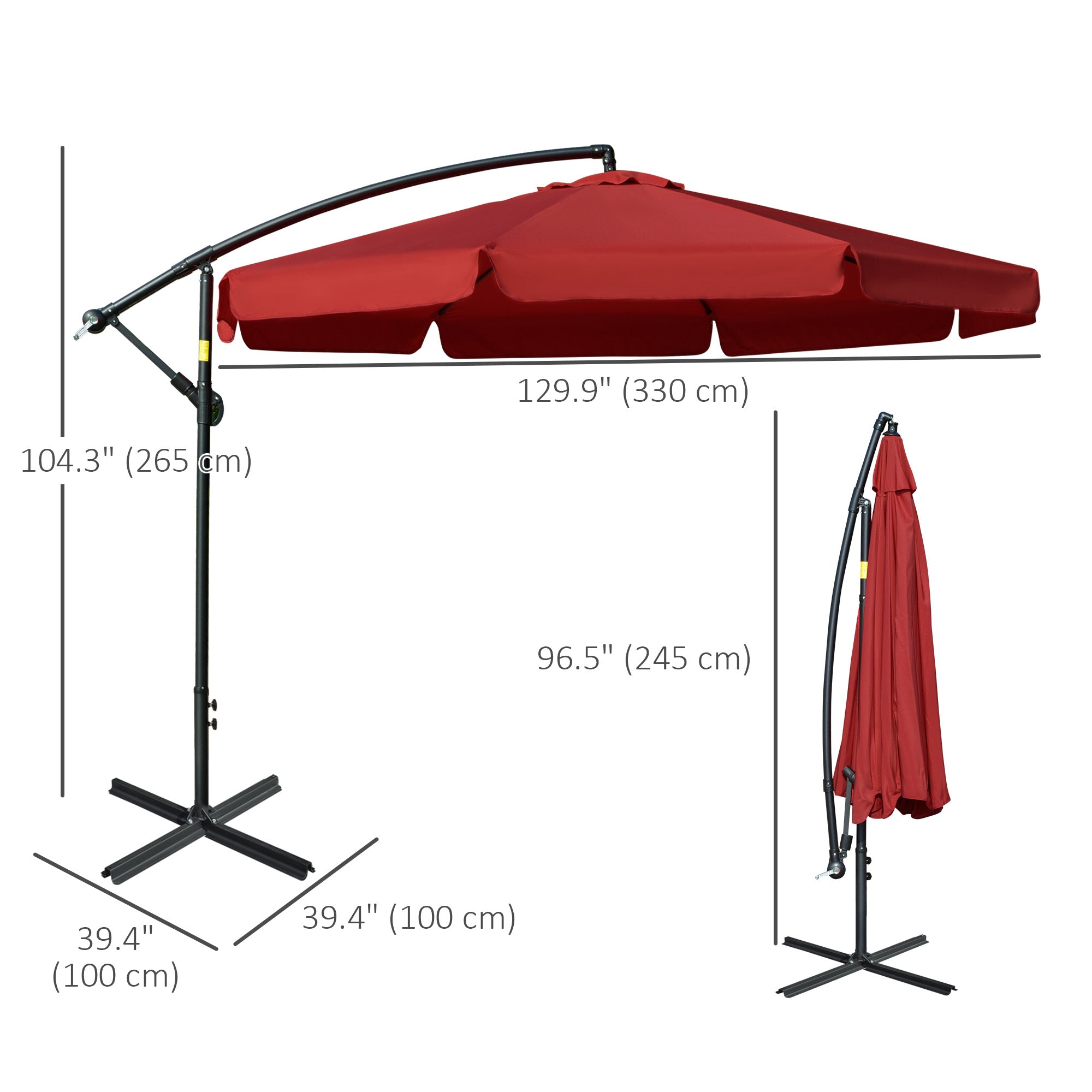 Outsunny 11FT Offset Hanging Patio Umbrella Cantilever Umbrella with Easy Tilt Adjustment, Cross Base and 8 Ribs for Backyard, Poolside, Lawn and Garden, Red