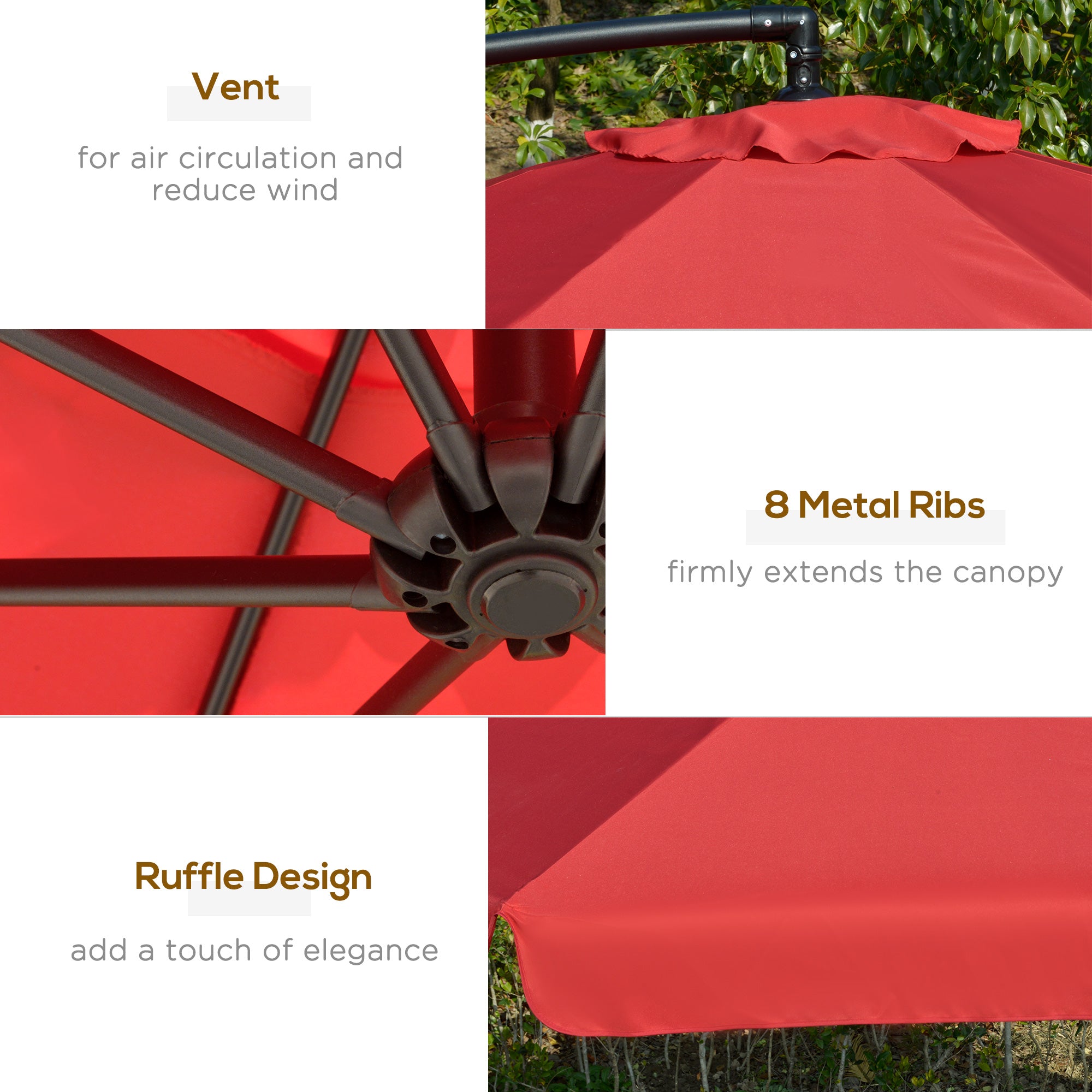 Outsunny 11FT Offset Hanging Patio Umbrella Cantilever Umbrella with Easy Tilt Adjustment, Cross Base and 8 Ribs for Backyard, Poolside, Lawn and Garden, Red